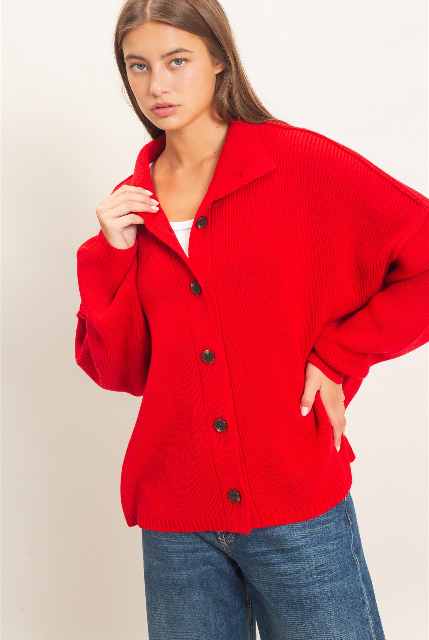 Wholesale High Neck Oversized Cardigan Cardigans DZ26E280 RED DOUBLE ZERO