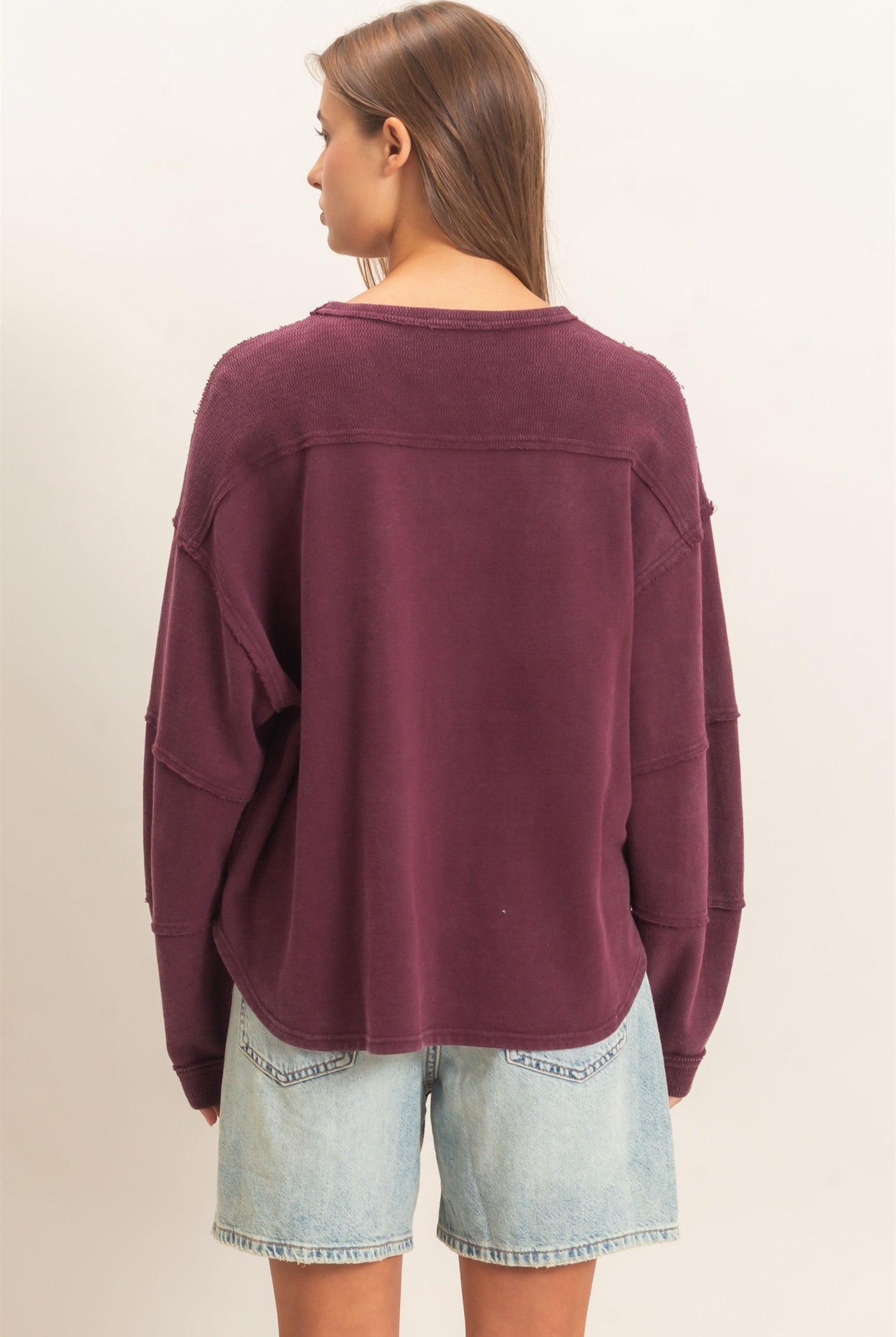 Wholesale Mineral Wash Overzised Raw Edge Crew Neck Top Clothing Tops DZ26E449 DARK CHERRY DOUBLE ZERO