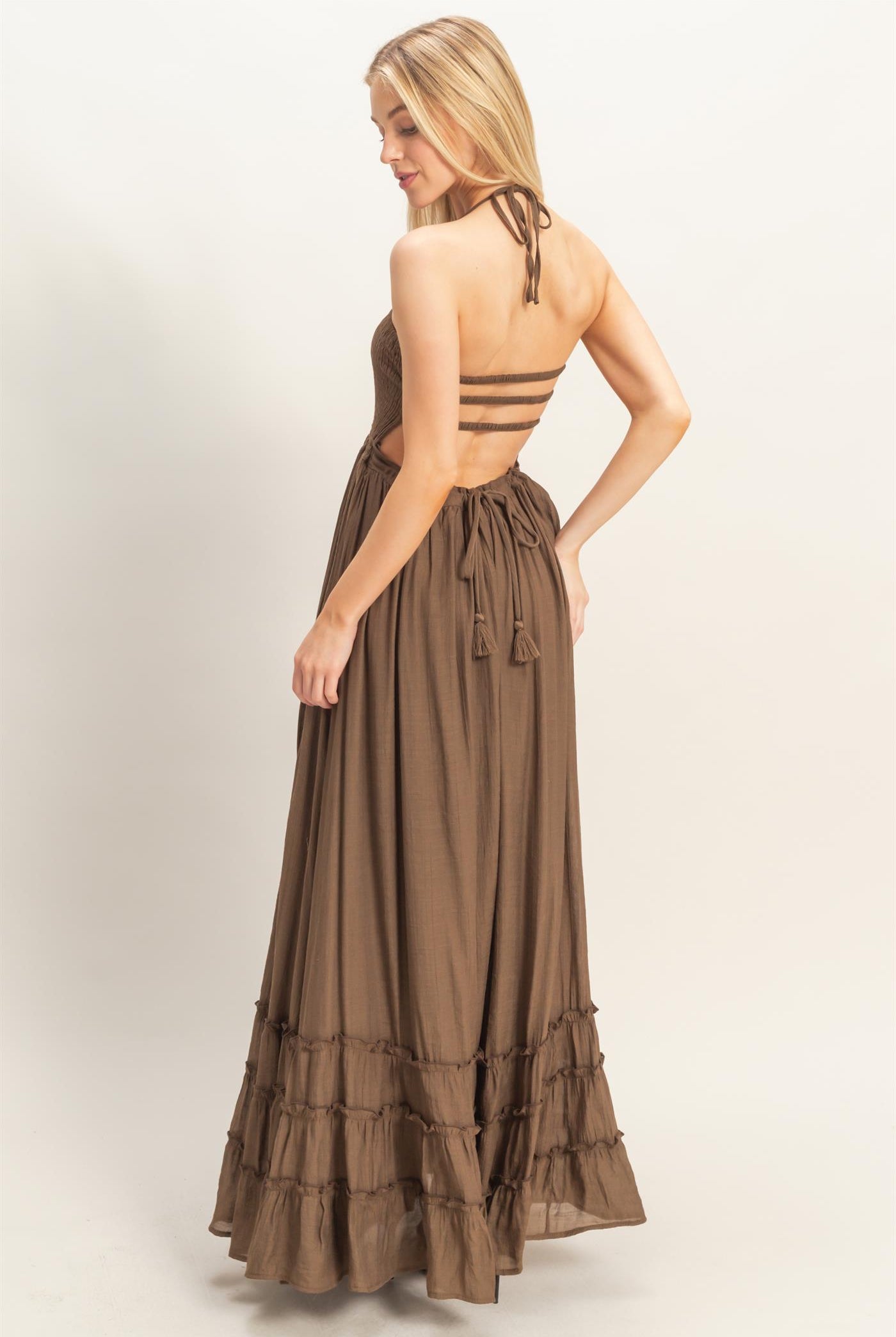 Wholesale Smocked Halter Maxi Dress Dresses HF26C290-D CHOCOLATE HYFVE