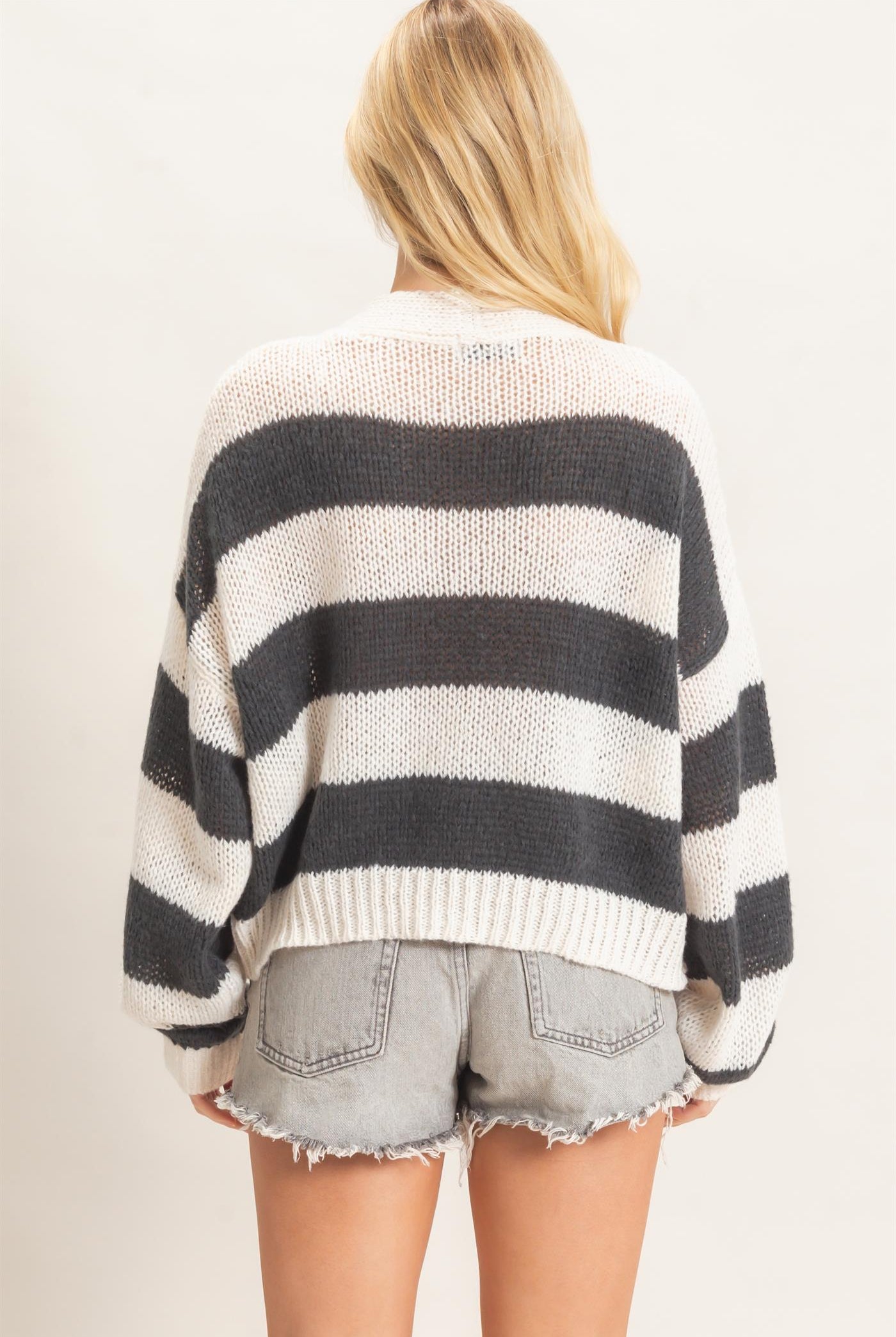 Wholesale Striped V-Neck Sweater Cardigan Cardigans HF26E959 CHARCOAL HYFVE