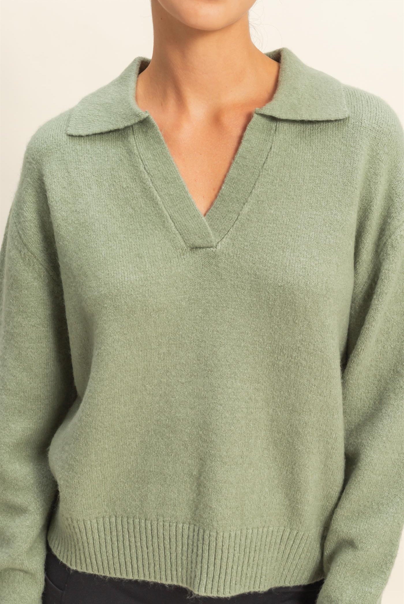 Wholesale Collared V Neck Sweater Sweaters DZ25C947 SAGE GREEN DOUBLE ZERO