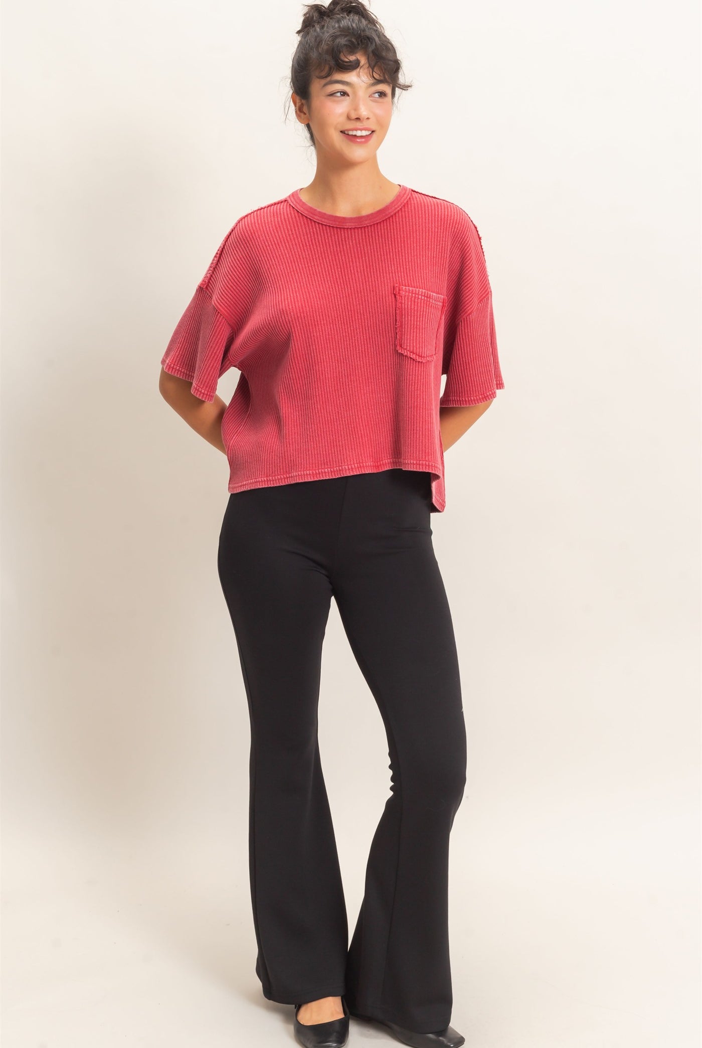 Wholesale Mineral Wash Waffle Knit Pocket Top Clothing Tops DZ26E222 DARK RED DOUBLE ZERO