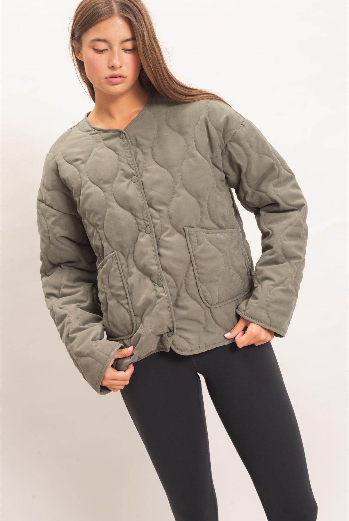 Wholesale Quilted Button Front Jacket Coats & Jackets DZ26F254 OLIVE DOUBLE ZERO