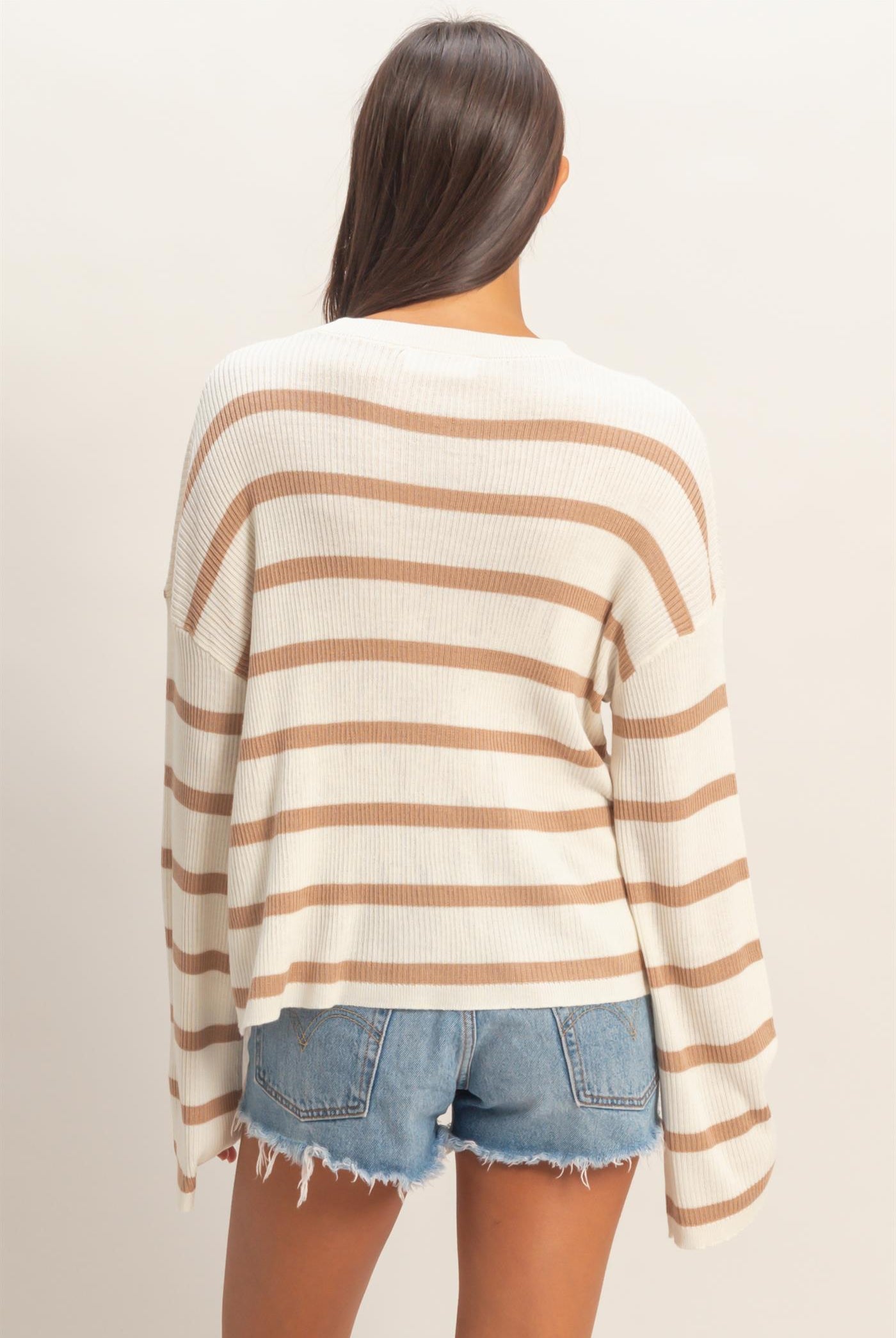 Wholesale Lightweight Wide-Sleeve Striped Sweater Clothing Tops DZ26A329 DARK TAUPE DOUBLE ZERO