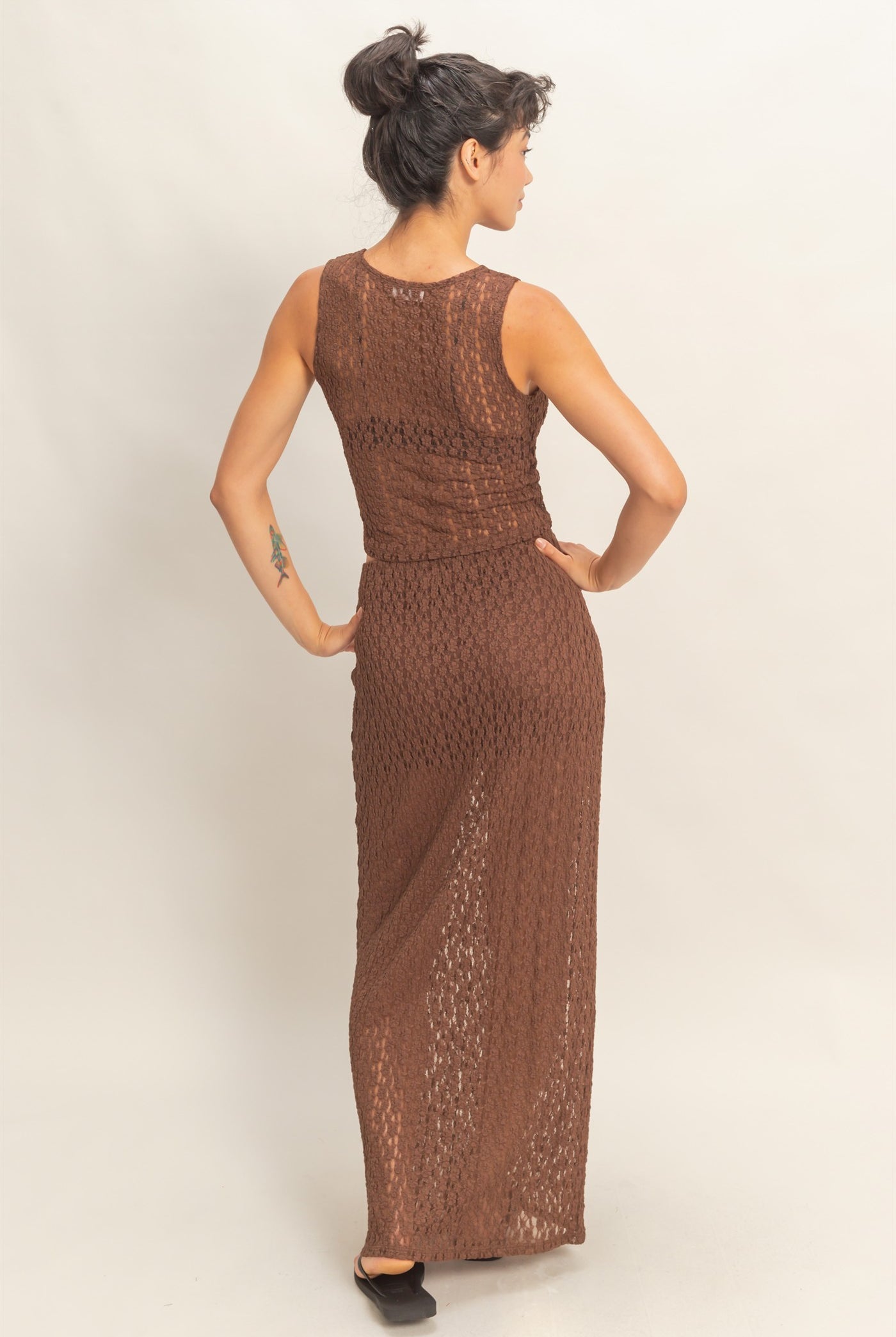 Wholesale Round Neck Lace Top & Lace Maxi Skirt Set Clothing DZ26C670-SET CHOCOLATE DOUBLE ZERO