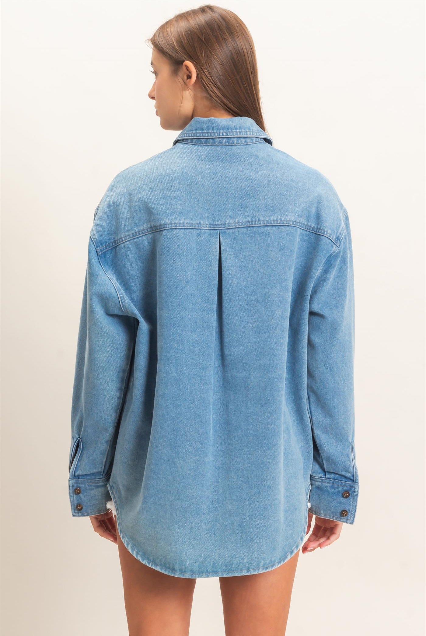 Wholesale Denim Button-Up Collar Shirt Clothing Tops DZ26F410 MEDIUM BLUE DOUBLE ZERO
