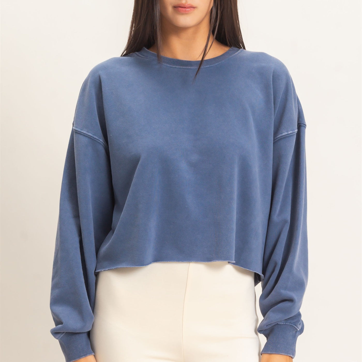 Wholesale Mineral Wash Raw Hem Cropped Sweatshirt Sweatshirts DZ26C968 NAVY DOUBLE ZERO