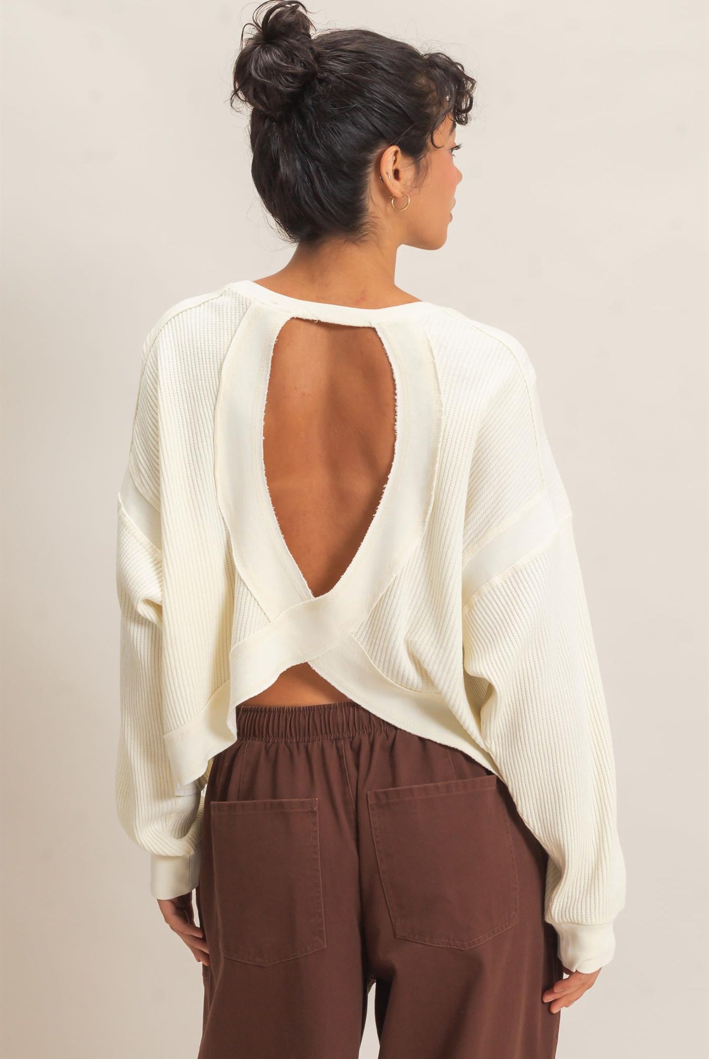 Wholesale Mineral Wash Waffle Open Back Top Clothing Tops DZ26C964 CREAM DOUBLE ZERO