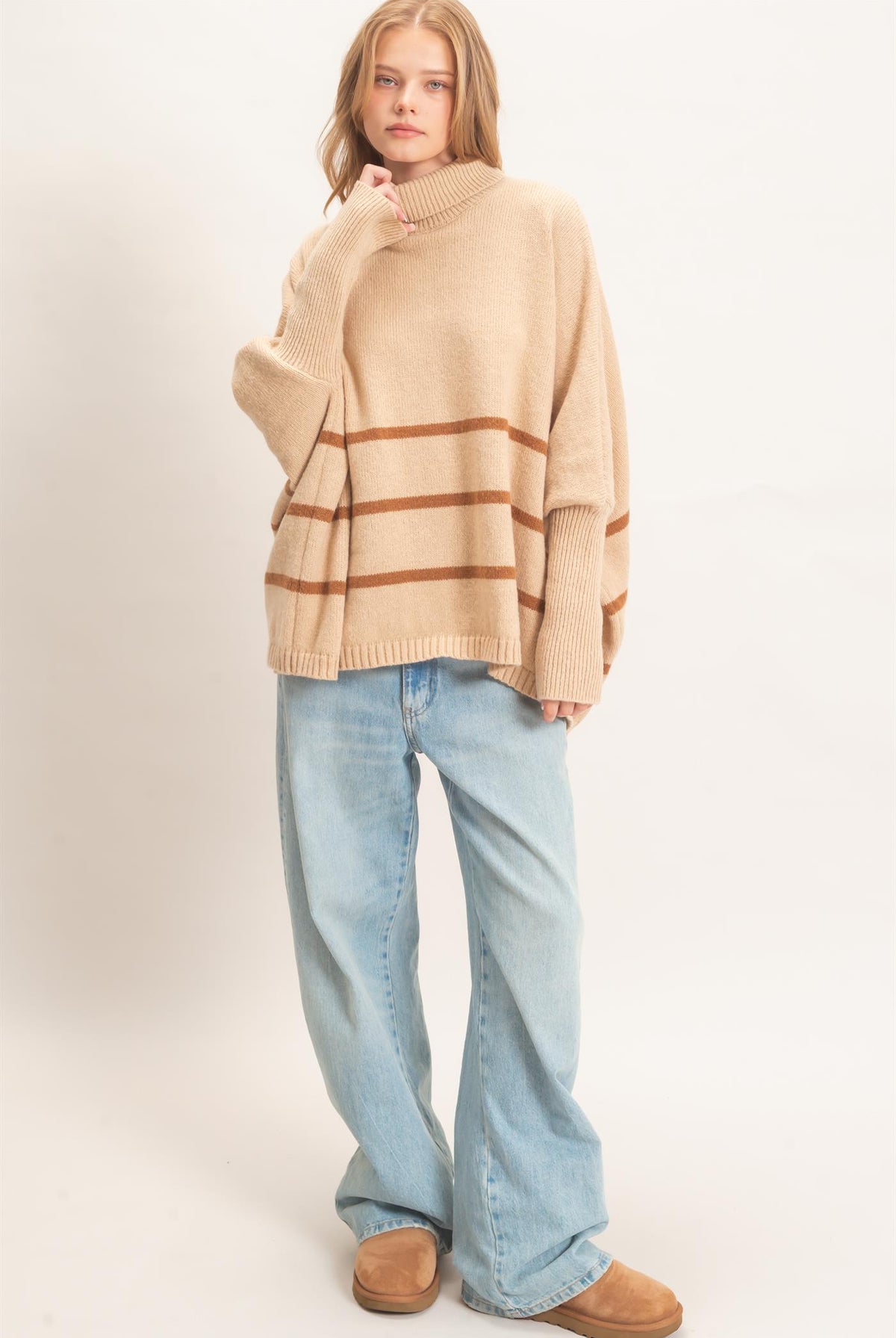 Wholesale Striped Turtleneck Poncho Sweater Sweaters HF26F194 L.TAUPE HYFVE