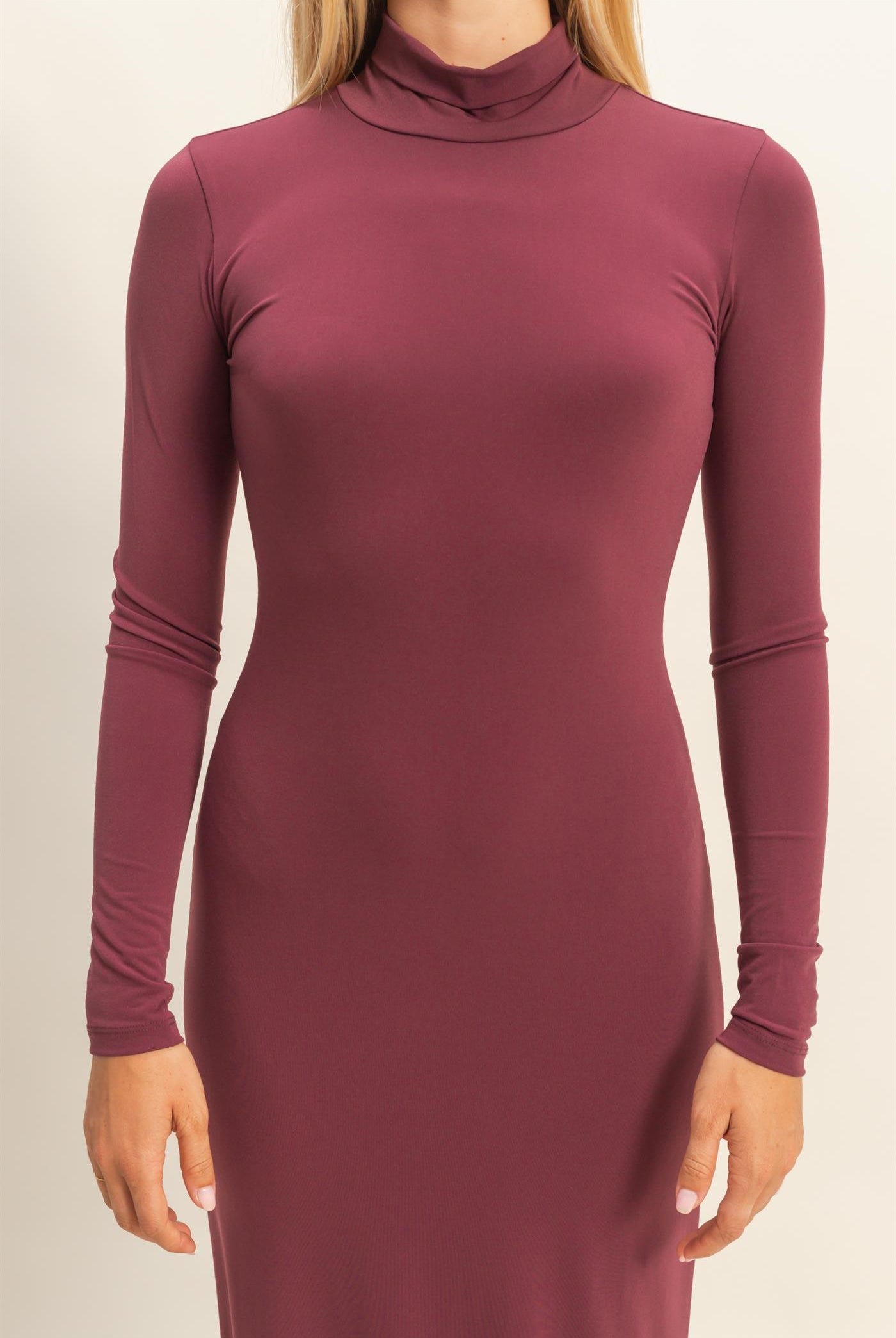 Wholesale Turtleneck Long Sleeve Maxi Dress Dresses DZ25F129 DARK CHERRY DOUBLE ZERO