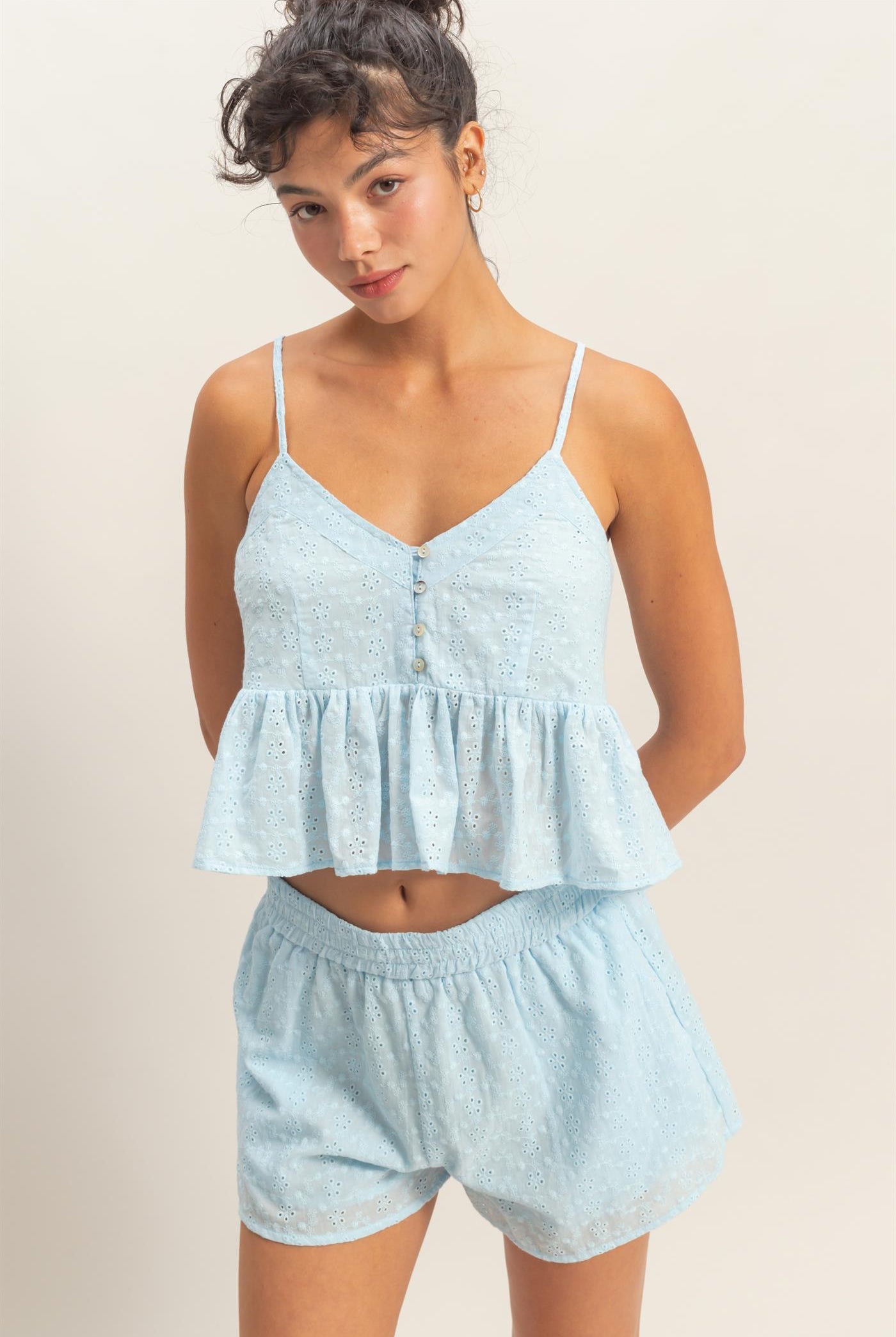 Wholesale Eyelet Button Detail Peplum Top Camisoles DZ26A783 ICE BLUE DOUBLE ZERO