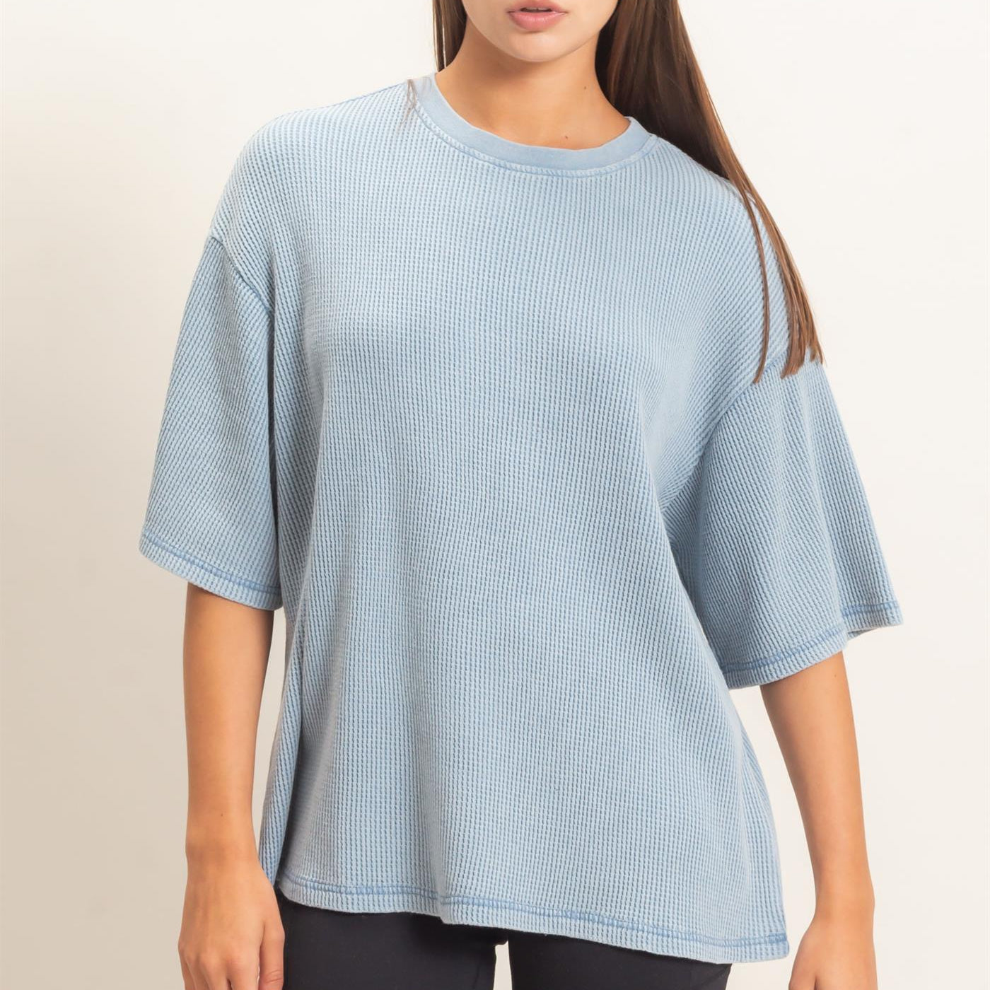 Wholesale Mineral Wash Waffle Crew Neck Short Sleeve Top Clothing Tops DZ26E328 DUSTY BLUE DOUBLE ZERO
