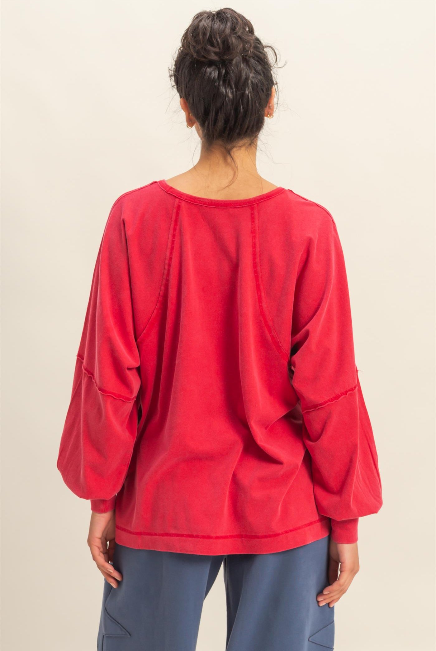 Wholesale Washed Oversized Long Sleeve Top With Slit Clothing Tops DZ25C921 RED HYFVE