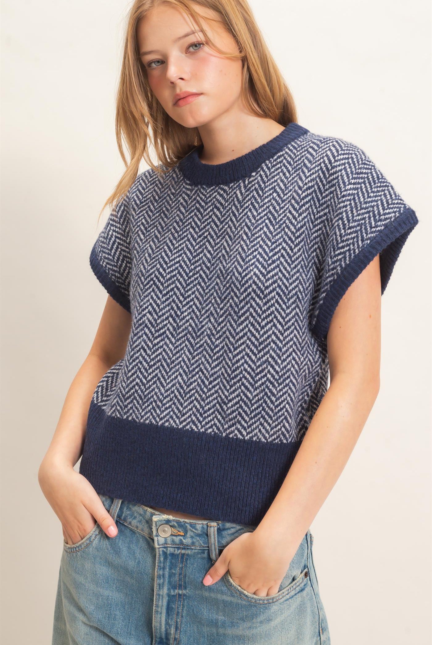 Wholesale Chevron Knit Cap Sleeve Sweater Sweaters HF26E542 NAVY HYFVE
