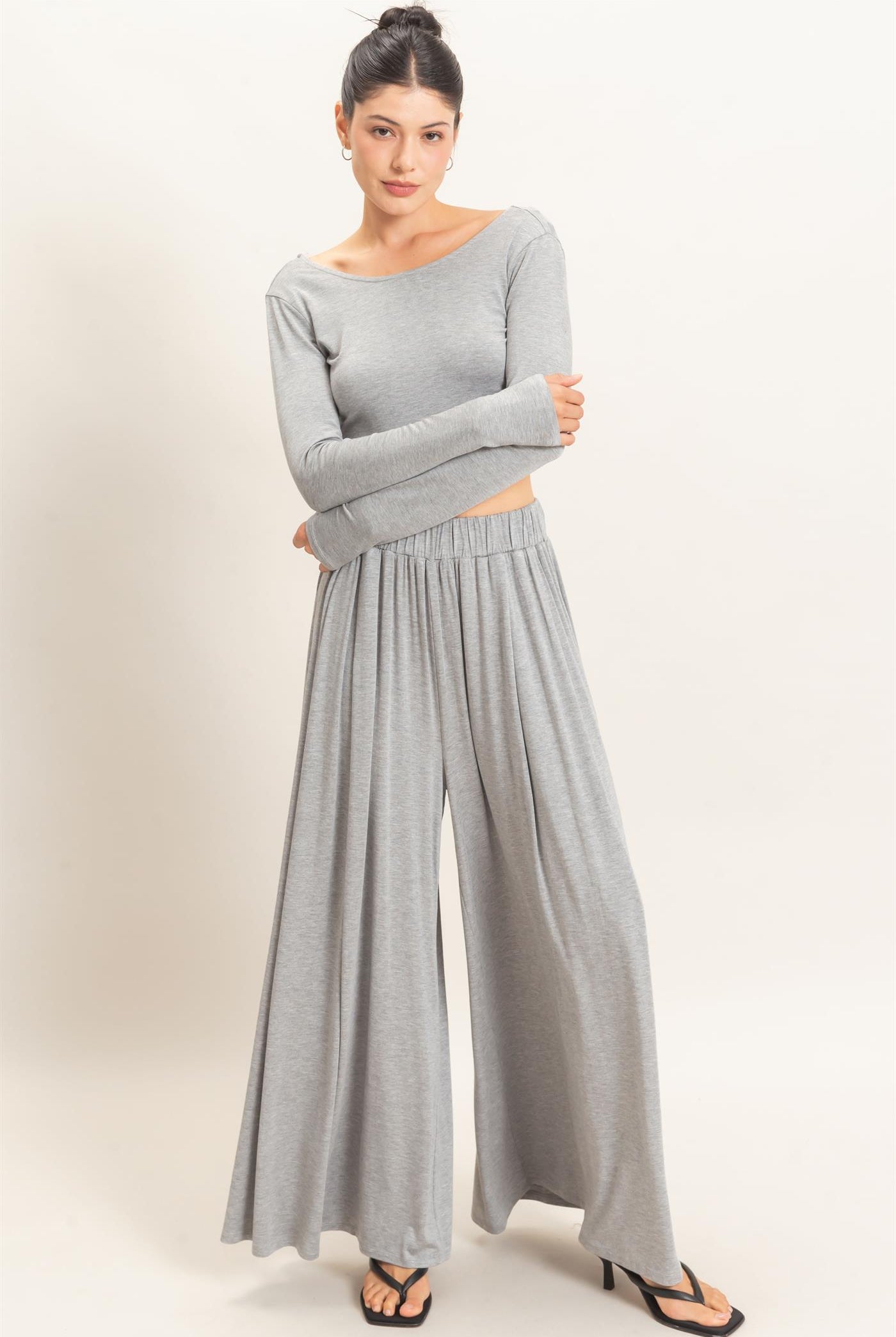 Wholesale Long Sleeve Top & Wide Leg Pants Set Clothing HF26F227-SET-D H.GRAY HYFVE