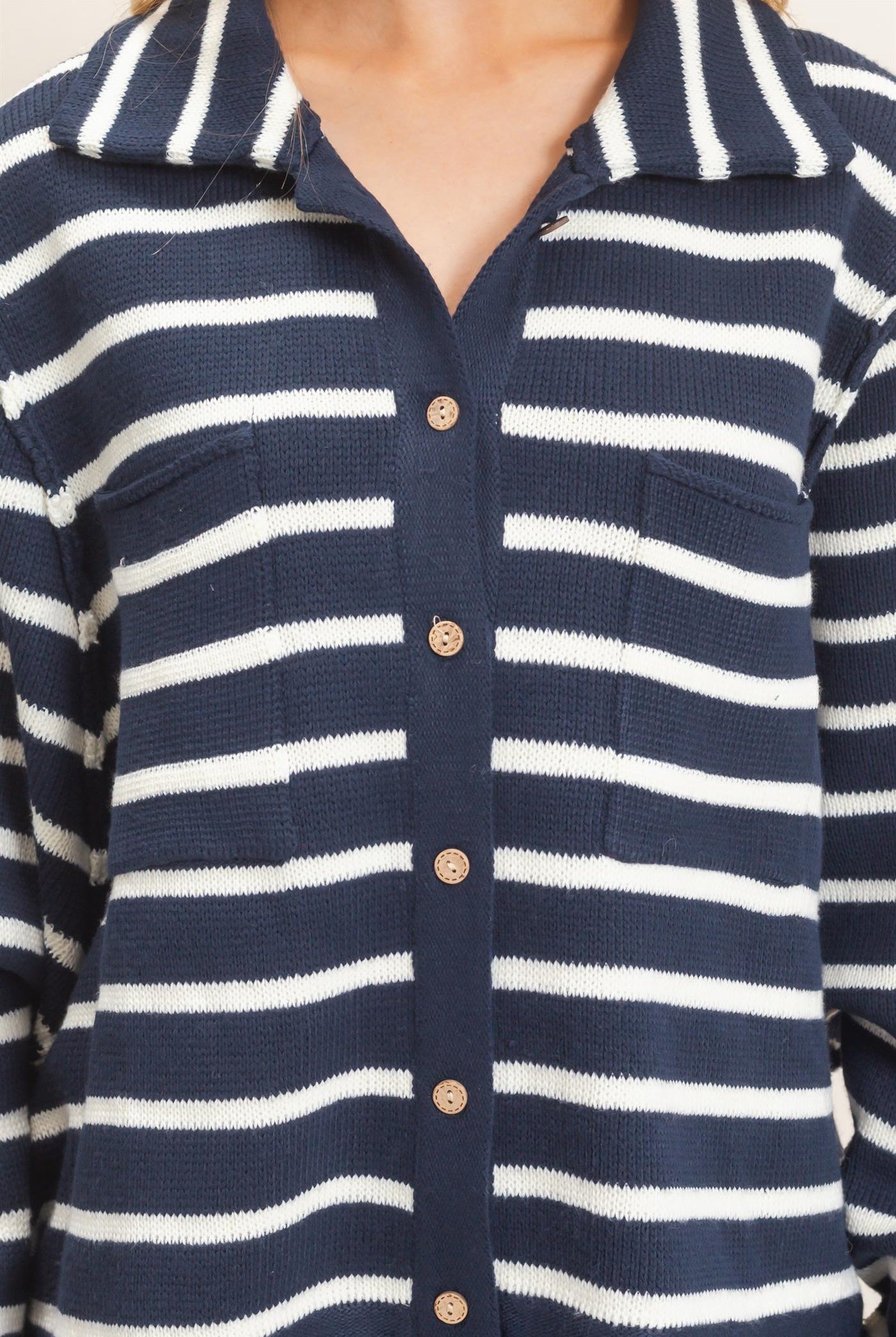 Wholesale Striped Button Front Cardigan Sweaters HF26F197 NAVY HYFVE