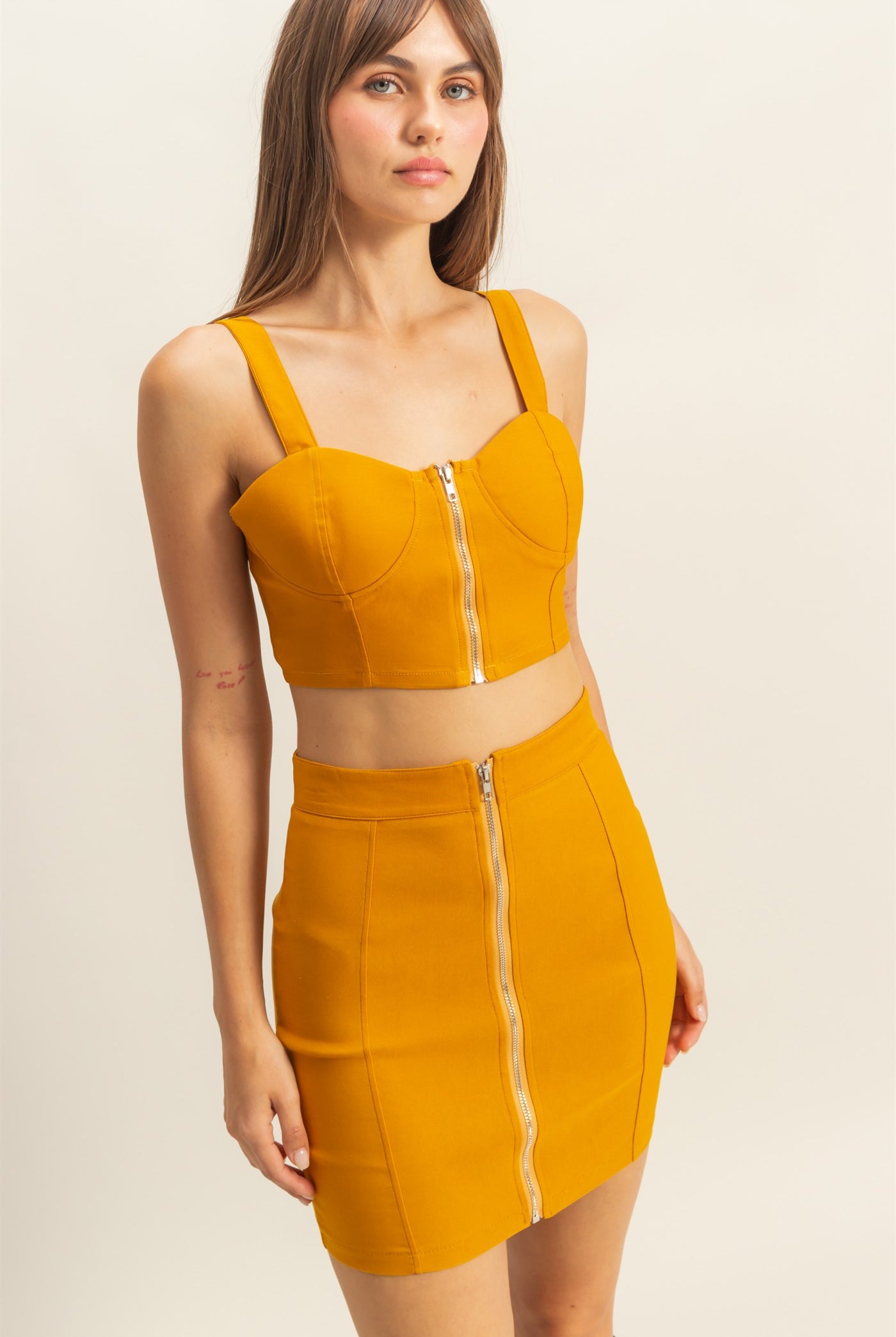 Wholesale Bustier Crop Top And Mini Skirt Set Clothing HF22E954-SET GOLDEN YELLOW HYFVE