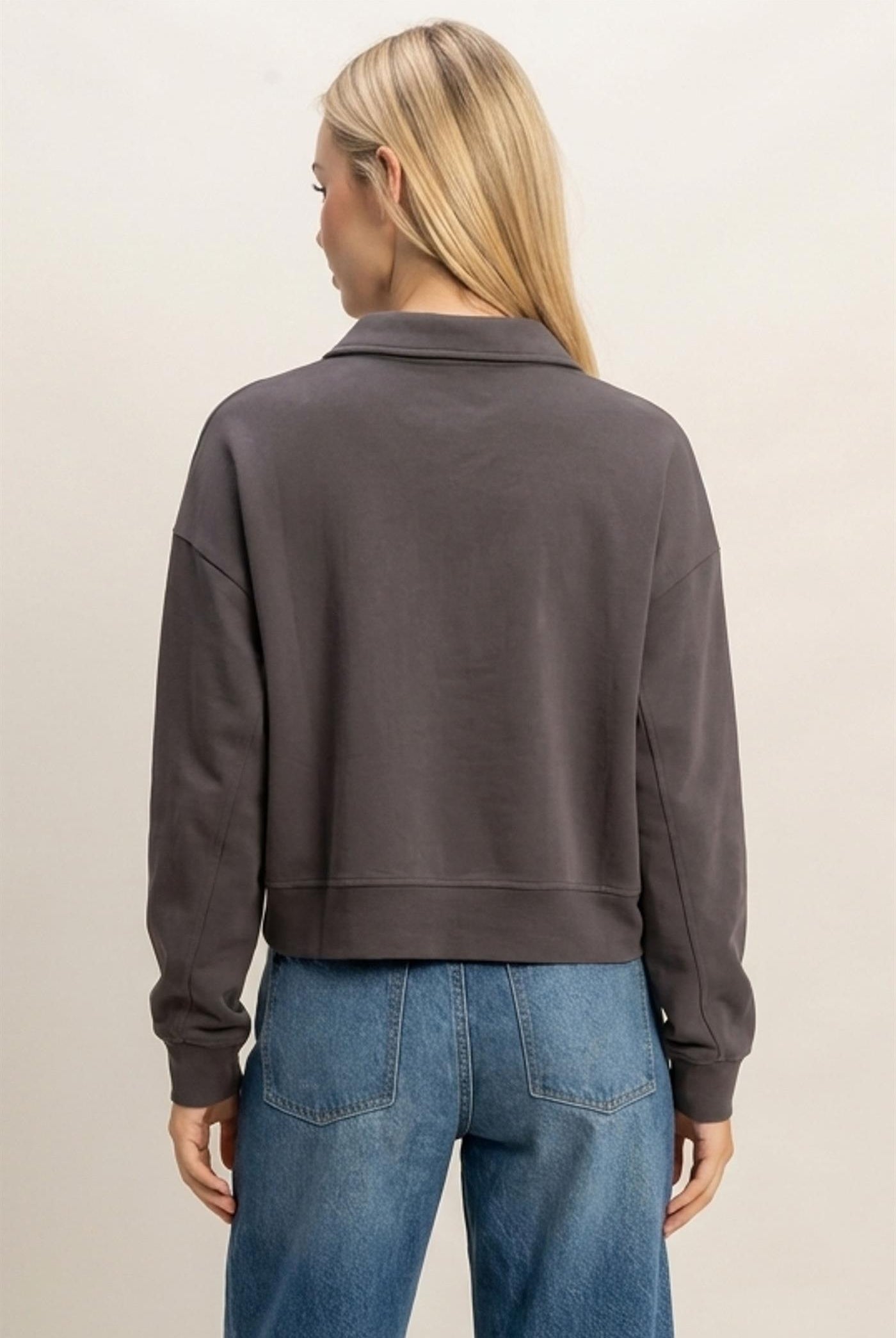 Wholesale Washed Button-Front Collared Sweatshirt Sweatshirts DZ26E390 CHARCOAL DOUBLE ZERO