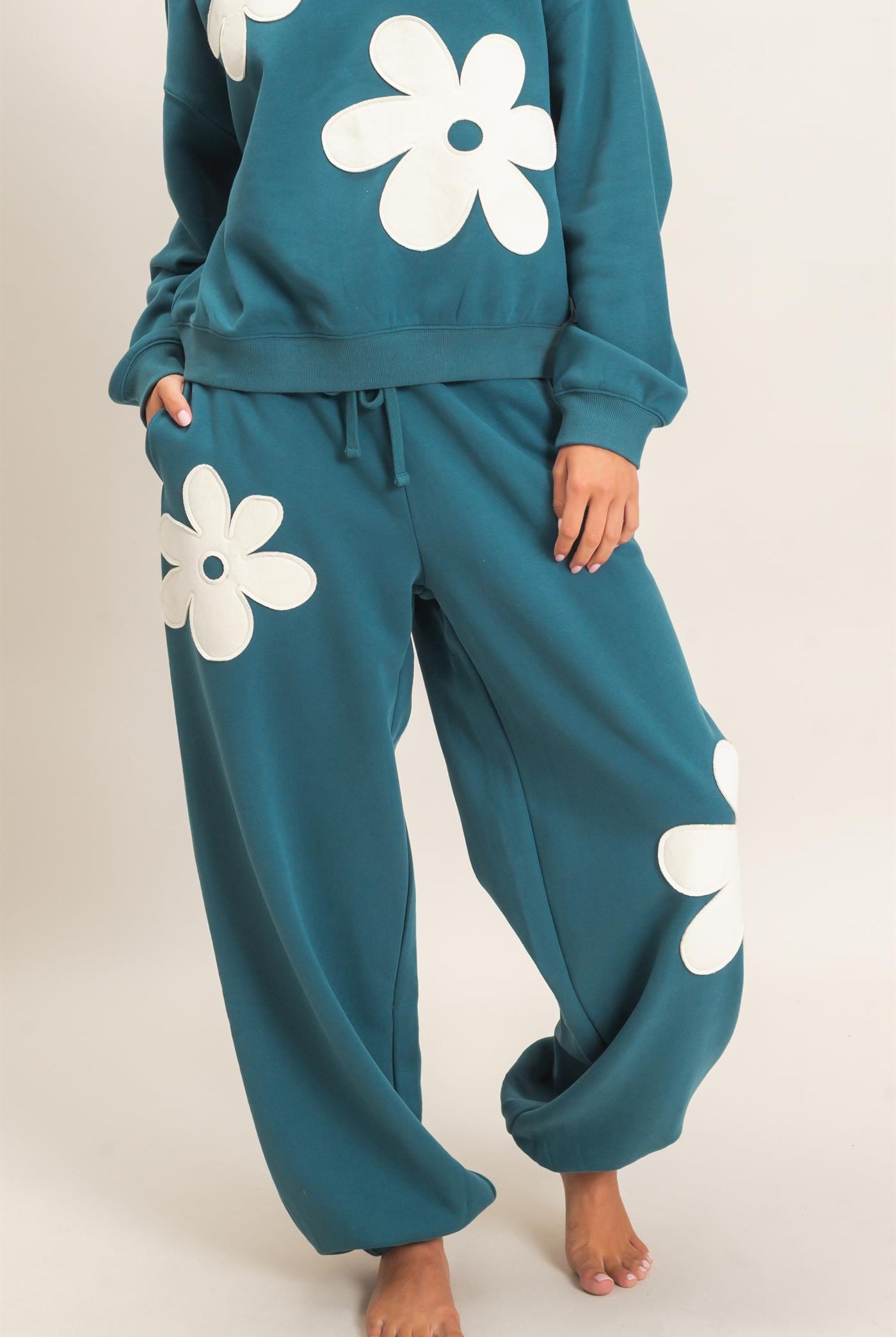 Wholesale Floral Applique Drawstring Jogger Pants Joggers DZ26F308 DARK TEAL DOUBLE ZERO
