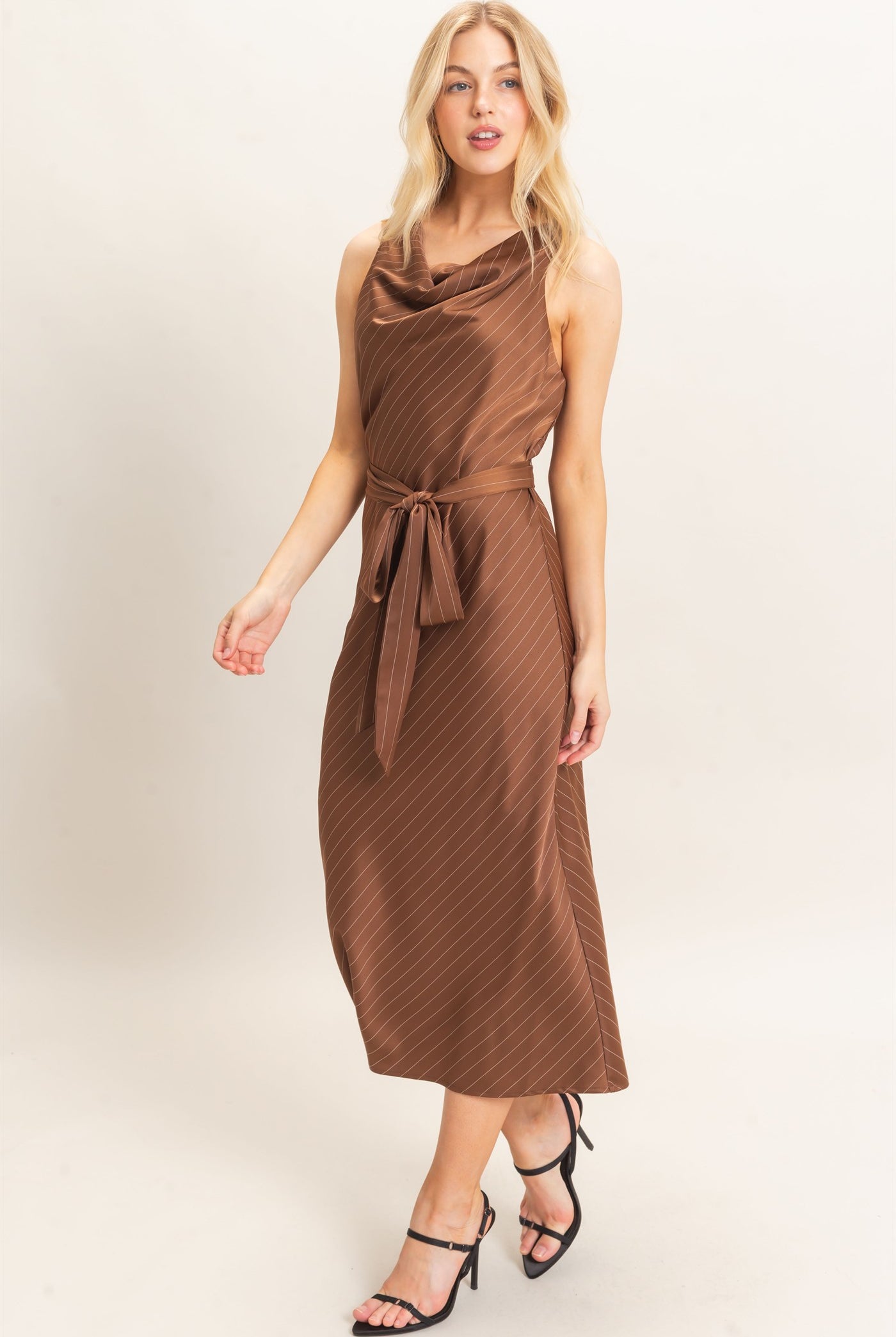 Wholesale Cowl Neck Sleeveless Belted Dress Dresses HF25E739 CHOCOLATE HYFVE