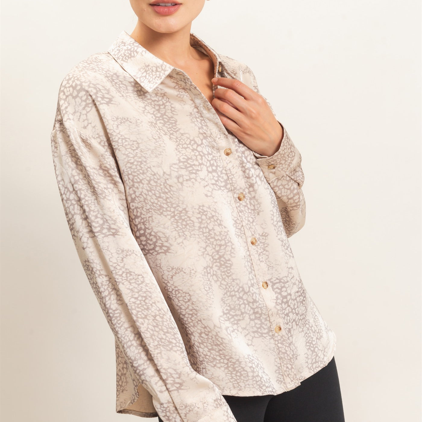 Wholesale Leopard Satin Button-Up Shirt Clothing Tops HF26E159 TAUPE HYFVE