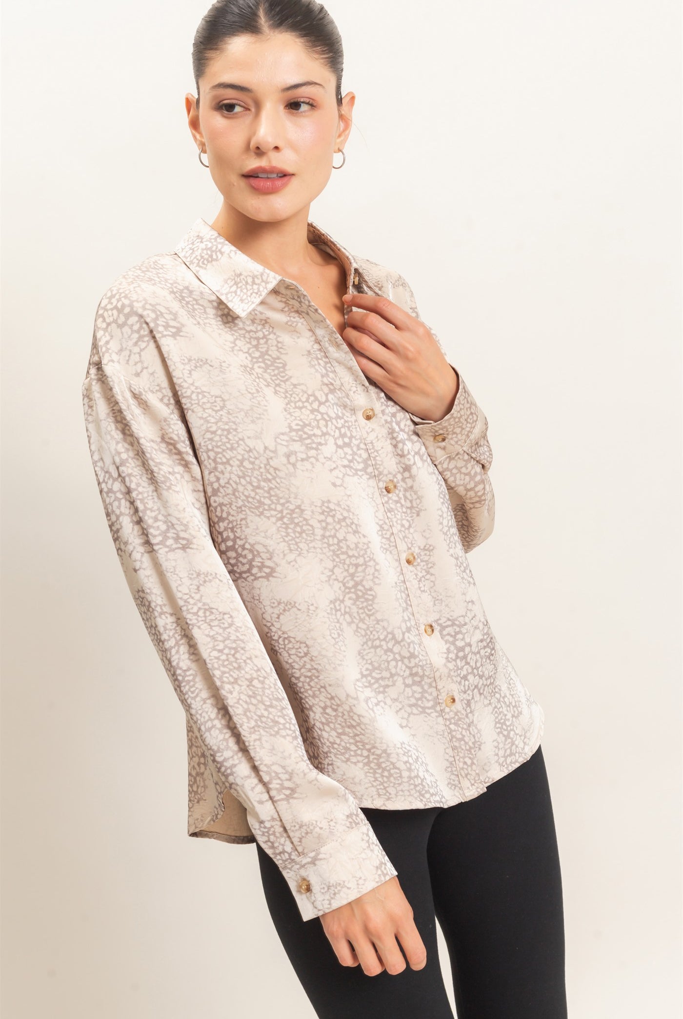 Wholesale Leopard Satin Button-Up Shirt Clothing Tops HF26E159 TAUPE HYFVE