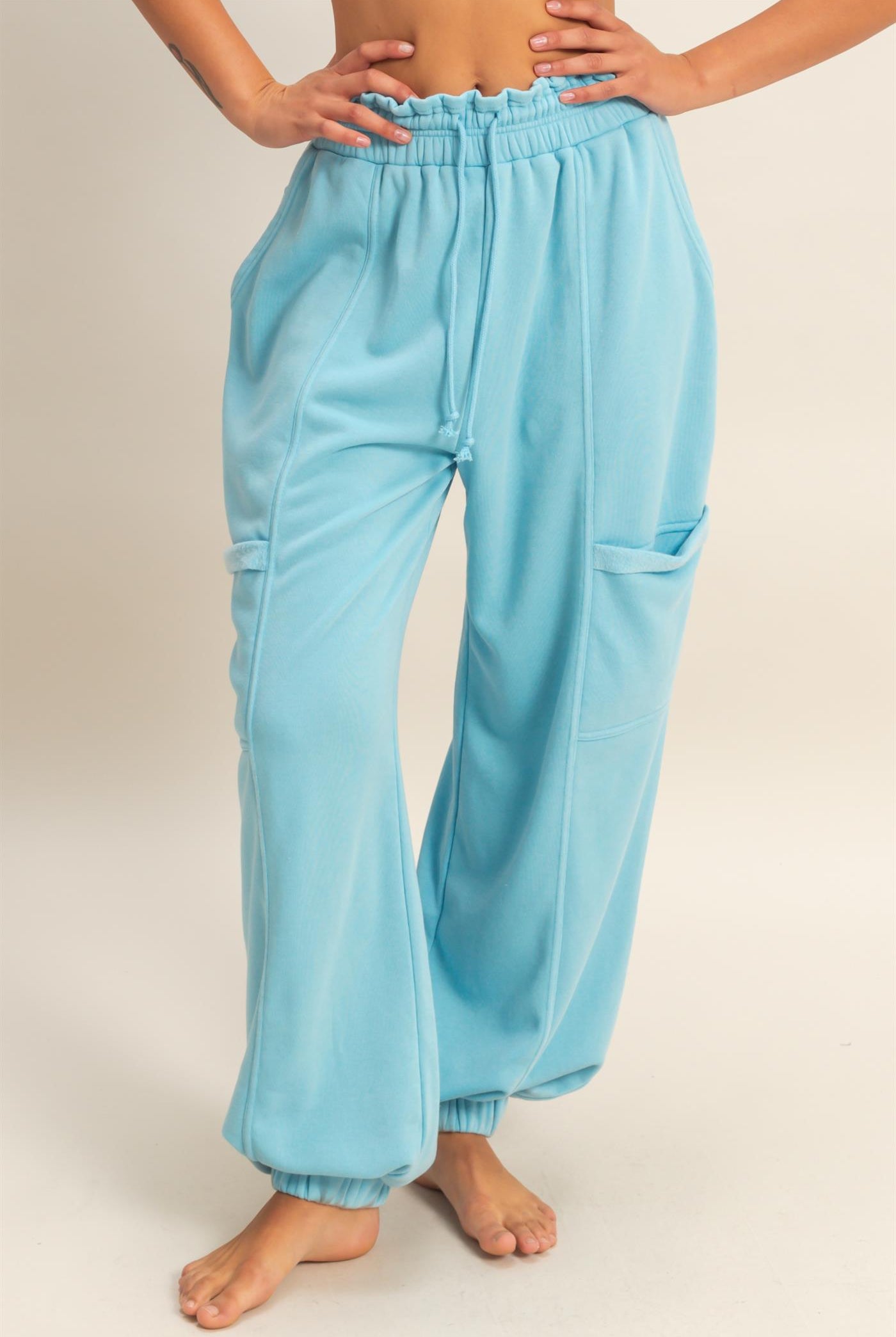 Wholesale Ruffle Waist Burnout Jogger Pants Joggers DZ26A685 BLUE DOUBLE ZERO