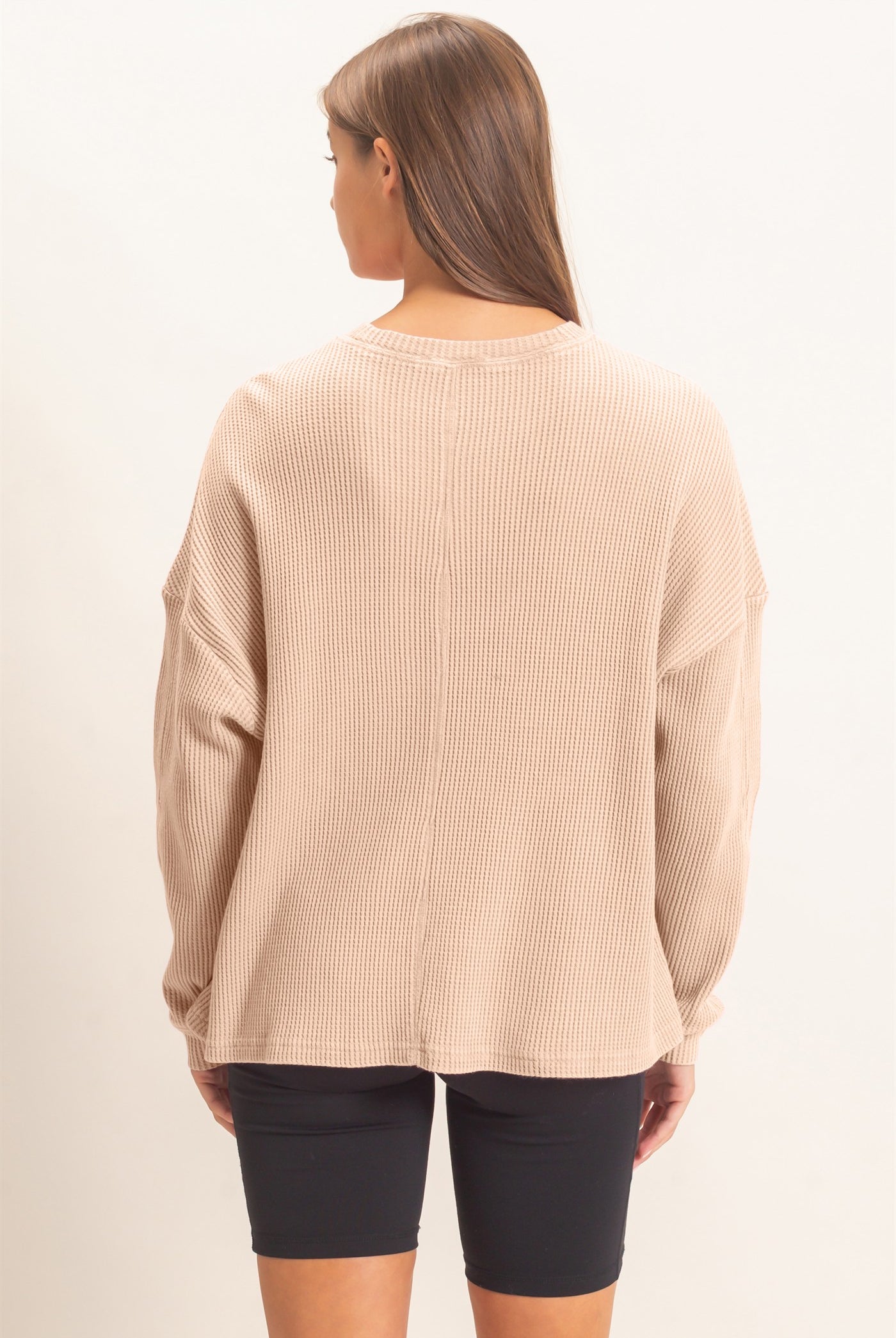 Wholesale Mineral Wash Waffle Long Sleeve Top Clothing Tops DZ26F242 LIGHT TAUPE DOUBLE ZERO