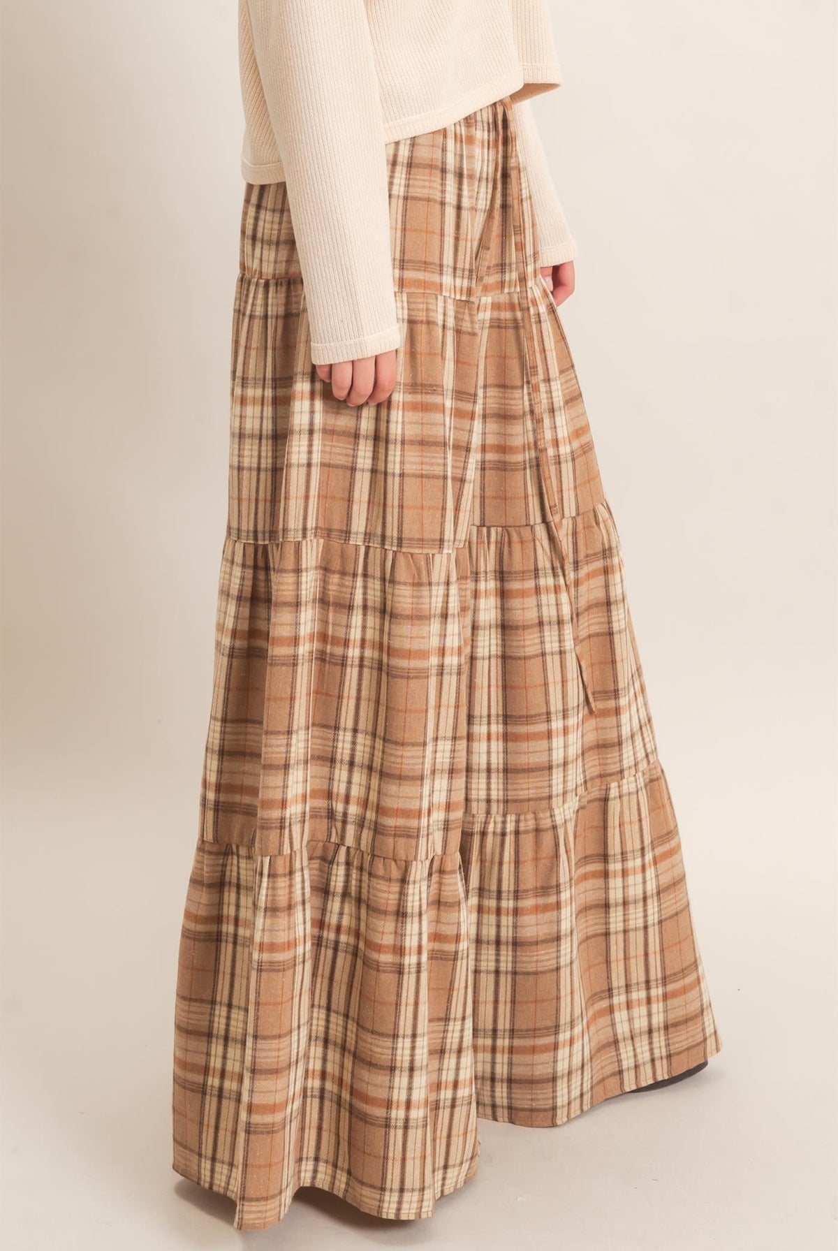 Wholesale Tiered Plaid Wide-Leg Pants Pants HF26E042 MOCHA HYFVE