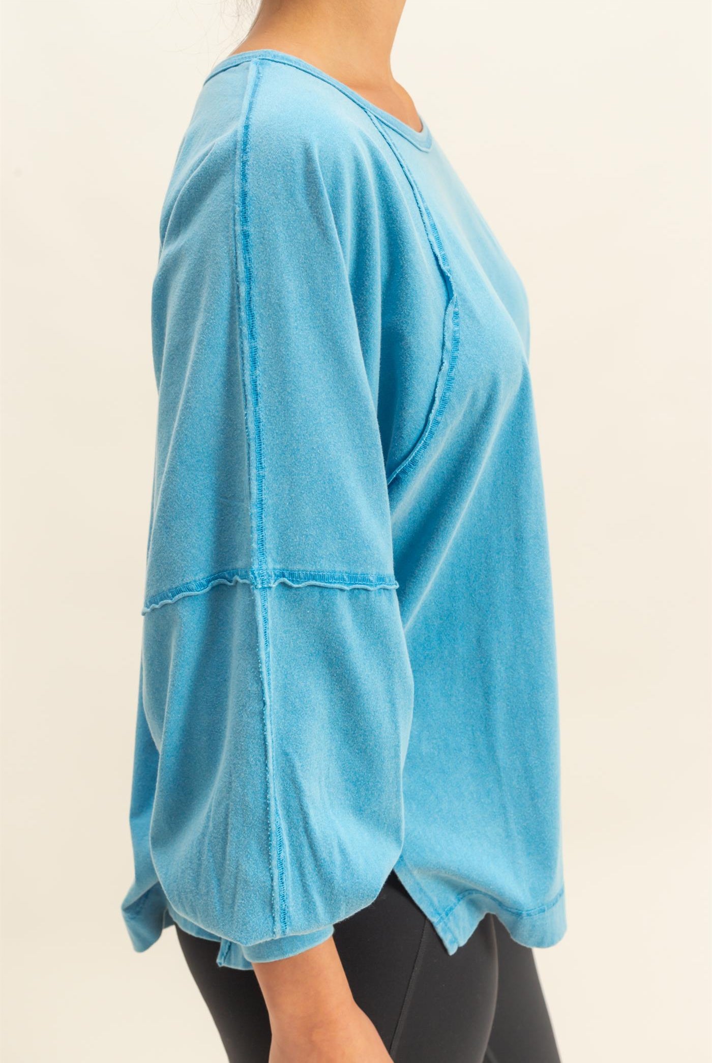 Wholesale Washed Oversized Long Sleeve Top With Slit Clothing Tops DZ25C921 OCEAN BLUE HYFVE