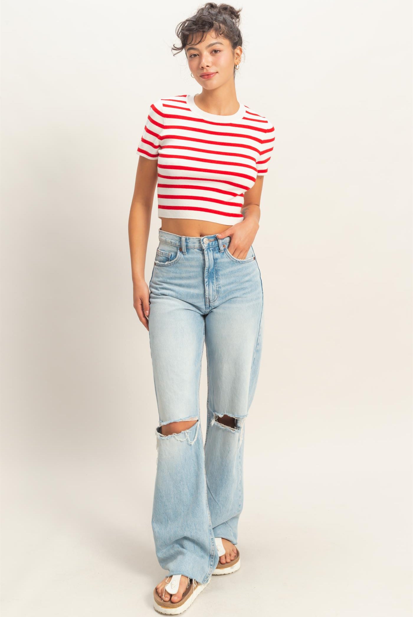 Wholesale Striped And Knit Crew Neck Crop Top Clothing Tops DZ26A139 RED DOUBLE ZERO