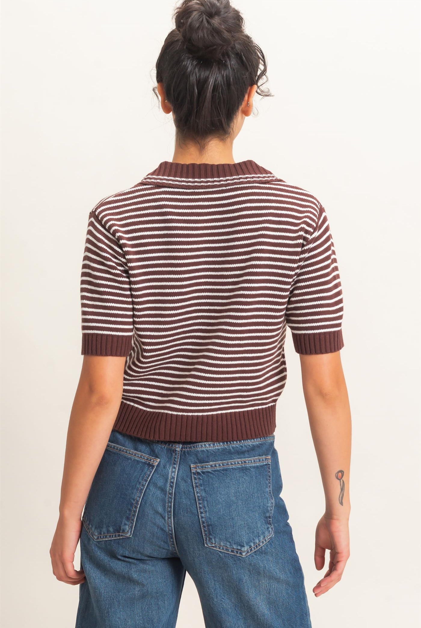 Wholesale Striped Short Sleeve Collar Knit Top Clothing Tops DZ26E261 DARK BROWN DOUBLE ZERO