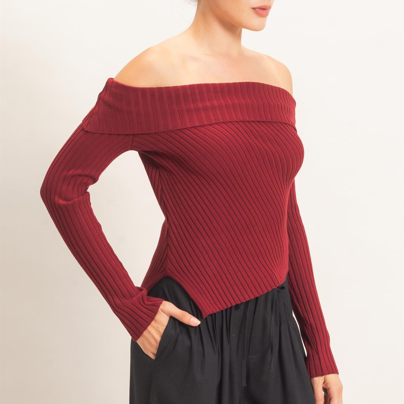 Wholesale Ribbed Off-Shoulder Sweater Sweaters HF26E937 BURGUNDY HYFVE
