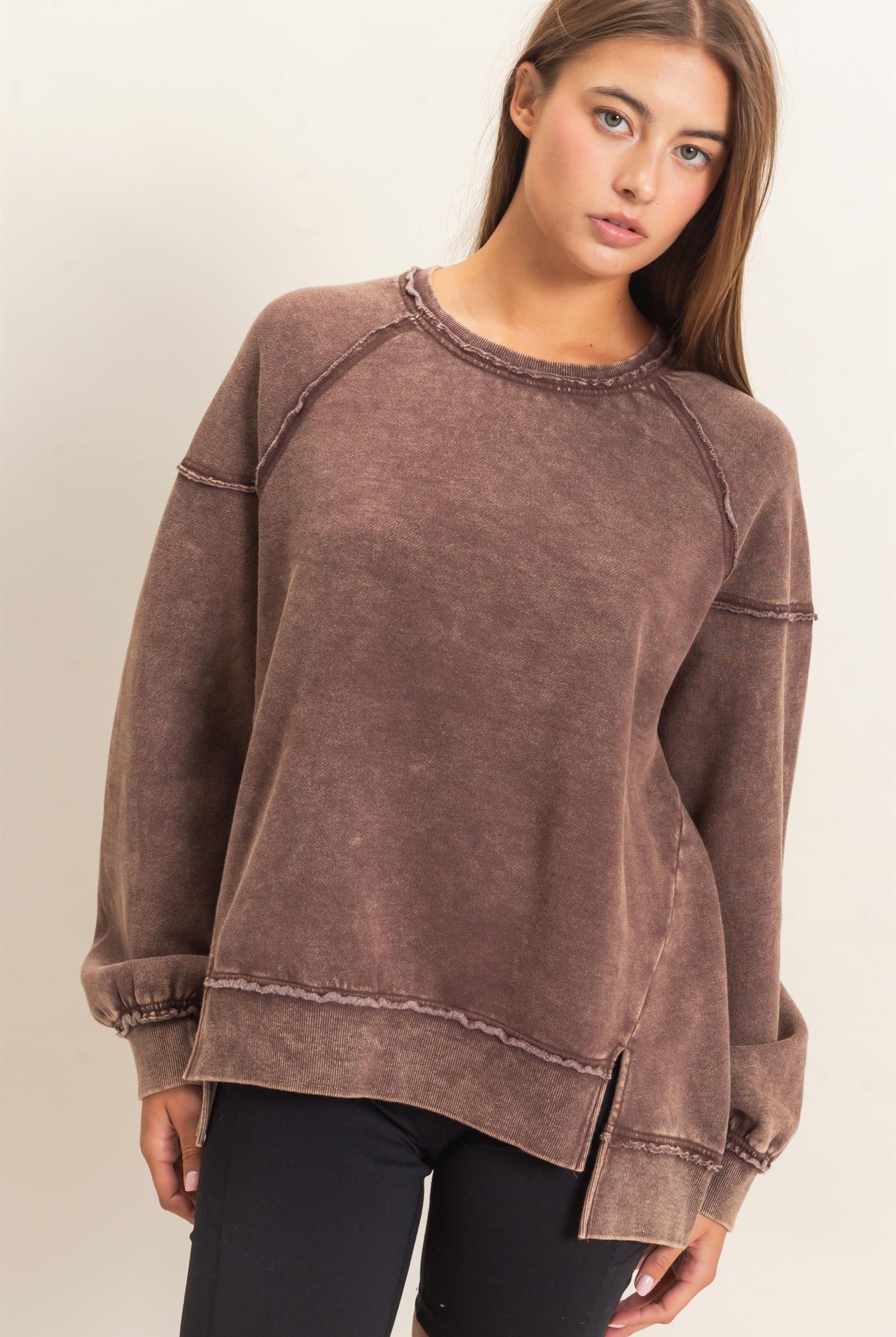 Wholesale Acid Wash Raw Edge Sweatshirt Sweatshirts DZ26C910 DARK BROWN DOUBLE ZERO