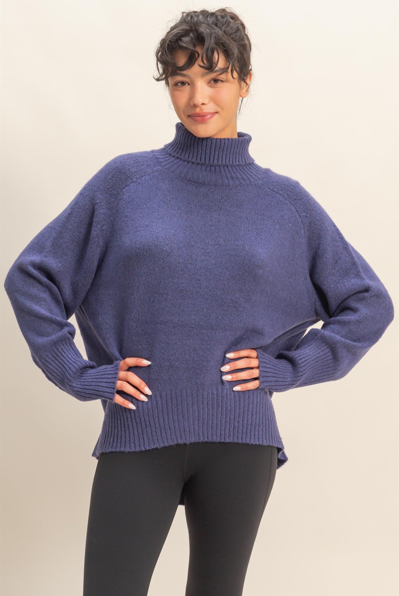Wholesale Oversized High Low Turtleneck Sweater Sweaters DZ25C943 DUSTY INDIGO DOUBLE ZERO