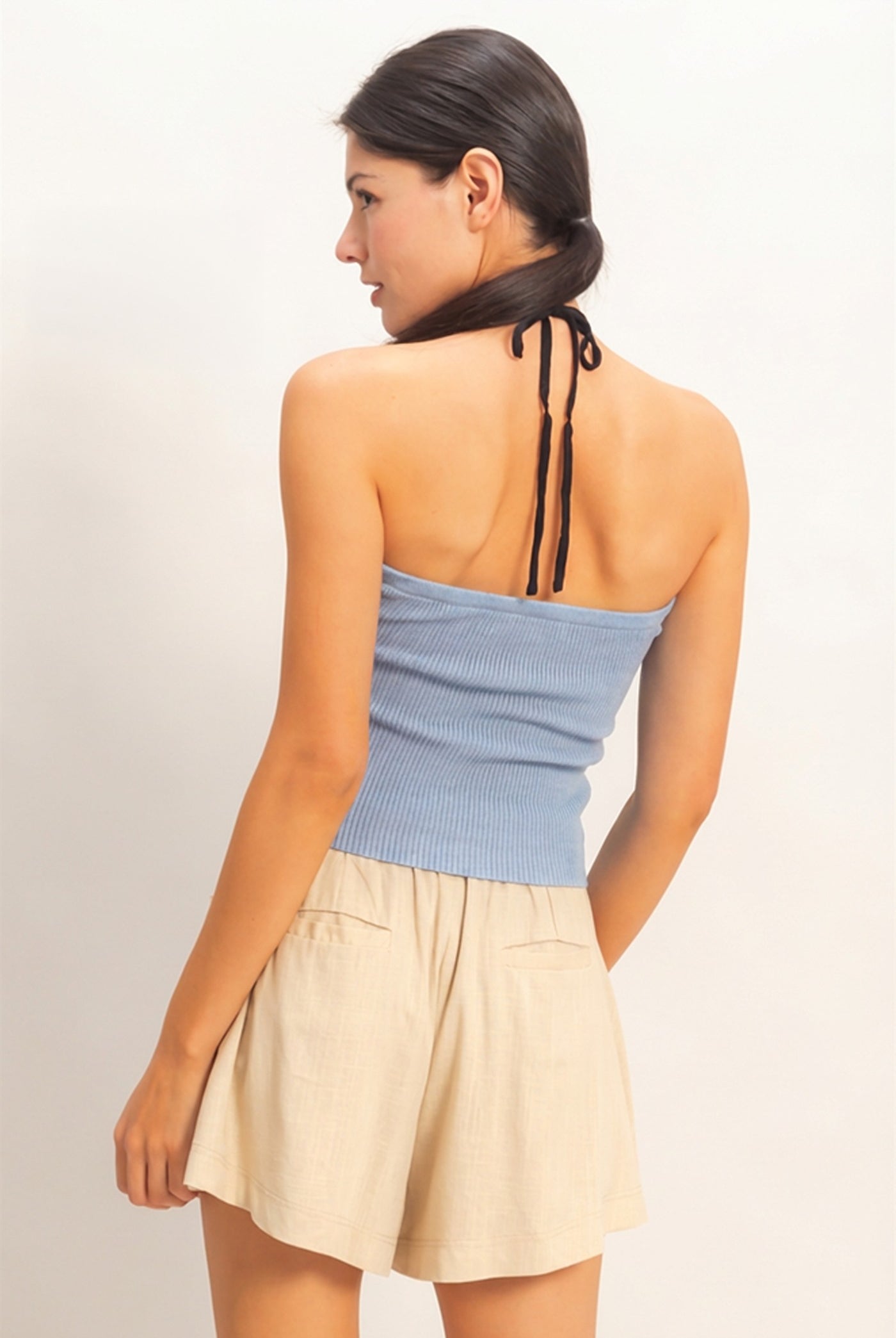 Wholesale Ribbed Halter Top With Twist Clothing Tops HF26A299 L.BLUE HYFVE