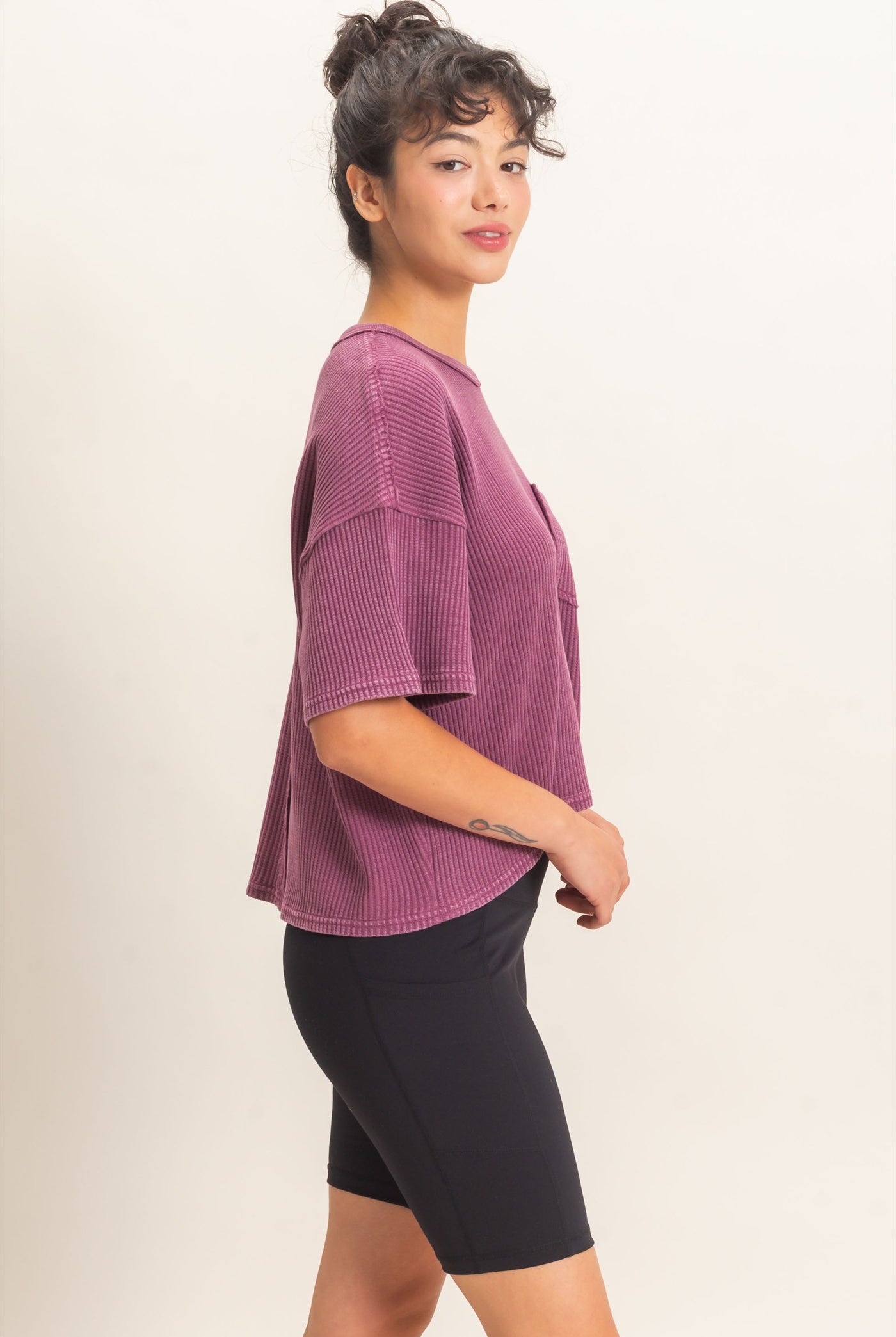 Wholesale Mineral Wash Waffle Knit Pocket Top Clothing Tops DZ26E222 DARK CHERRY DOUBLE ZERO