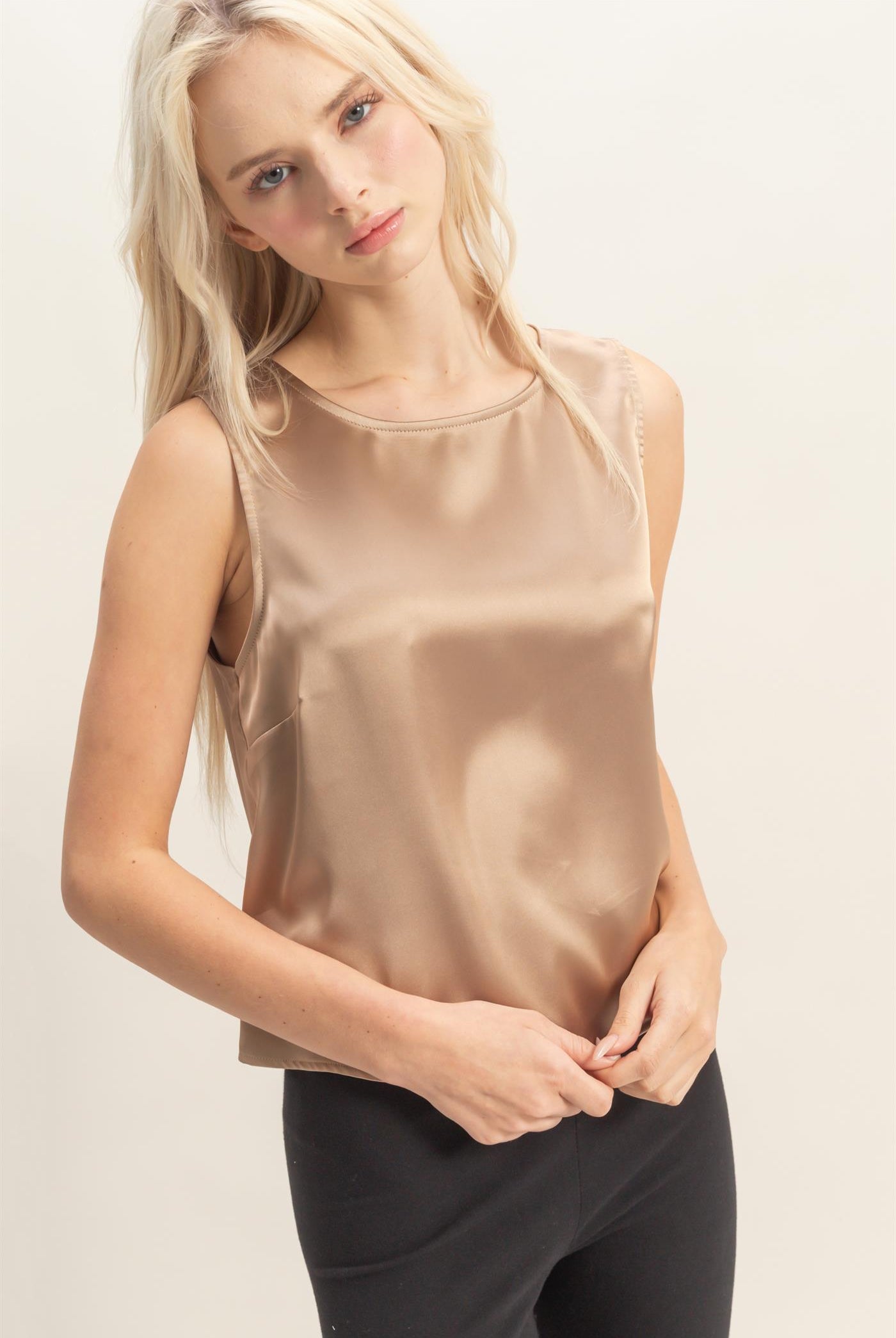 Wholesale Satin Sleeveless Round Neck Top With Back Keyhole Clothing Tops DZ26C084 DARK TAUPE DOUBLE ZERO