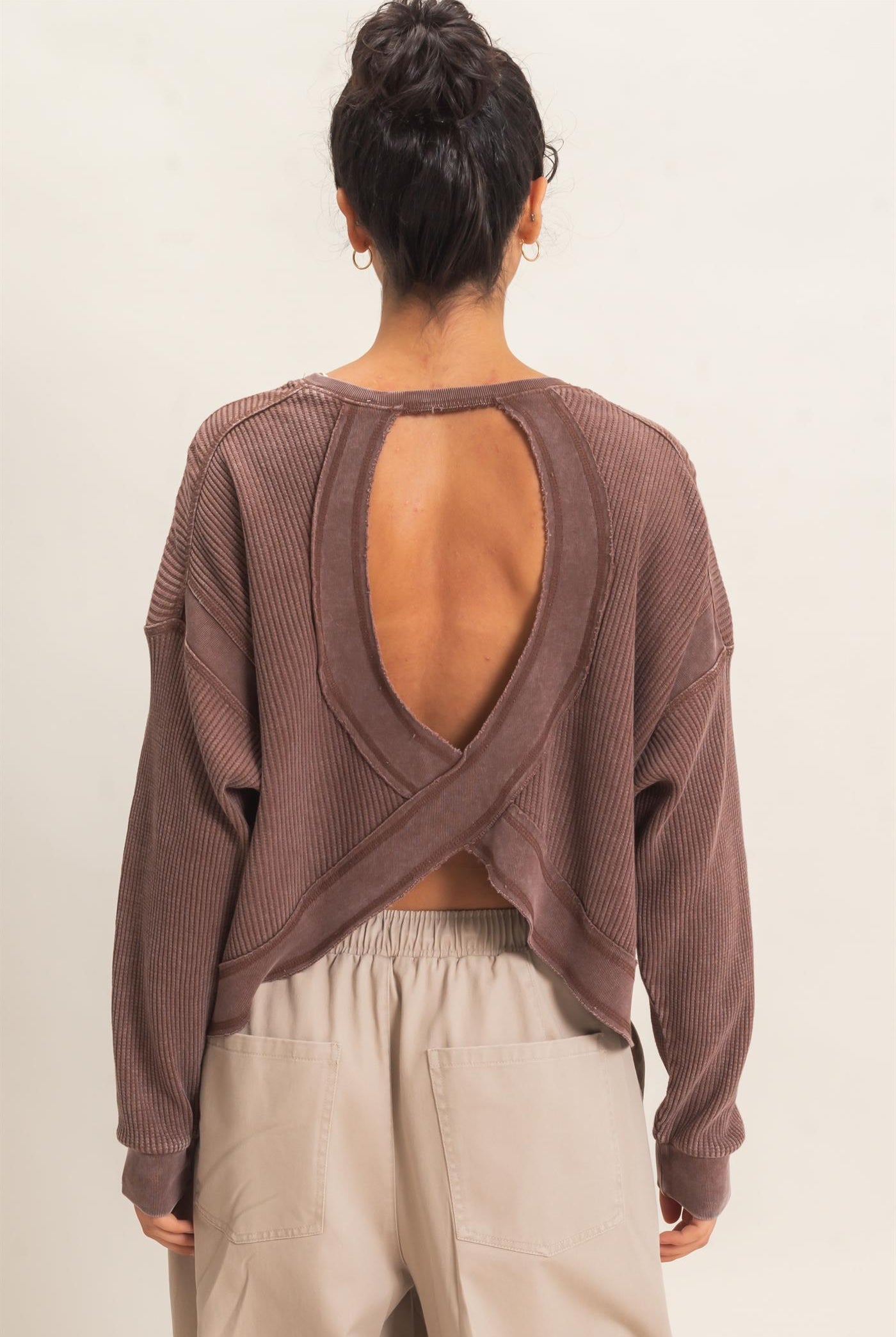 Wholesale Mineral Wash Waffle Open Back Top Clothing Tops DZ26C964 DARK BROWN DOUBLE ZERO