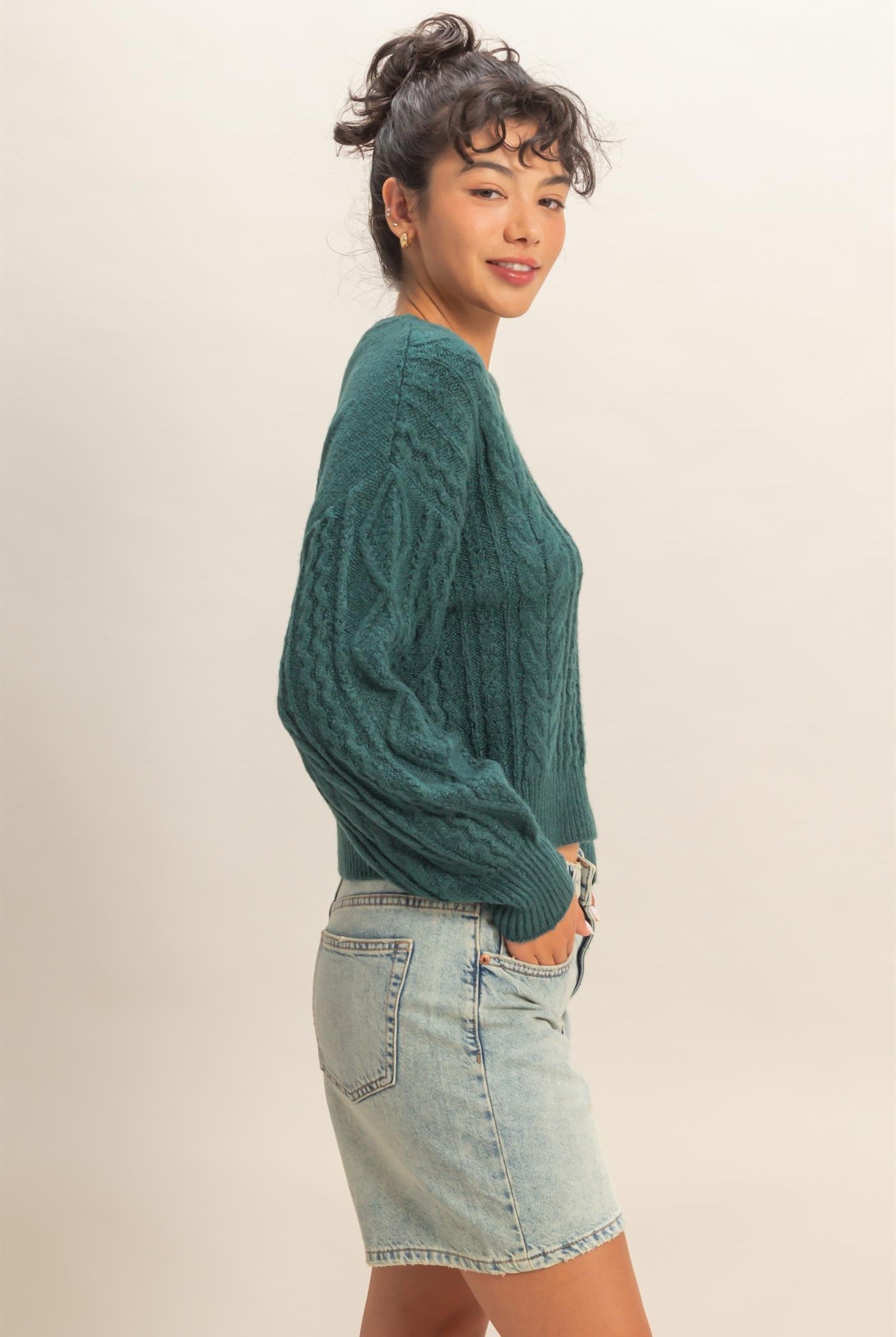 Wholesale Cable Knit Balloon Sleeve Sweater Sweaters DZ25F126 DEEP GREEN DOUBLE ZERO