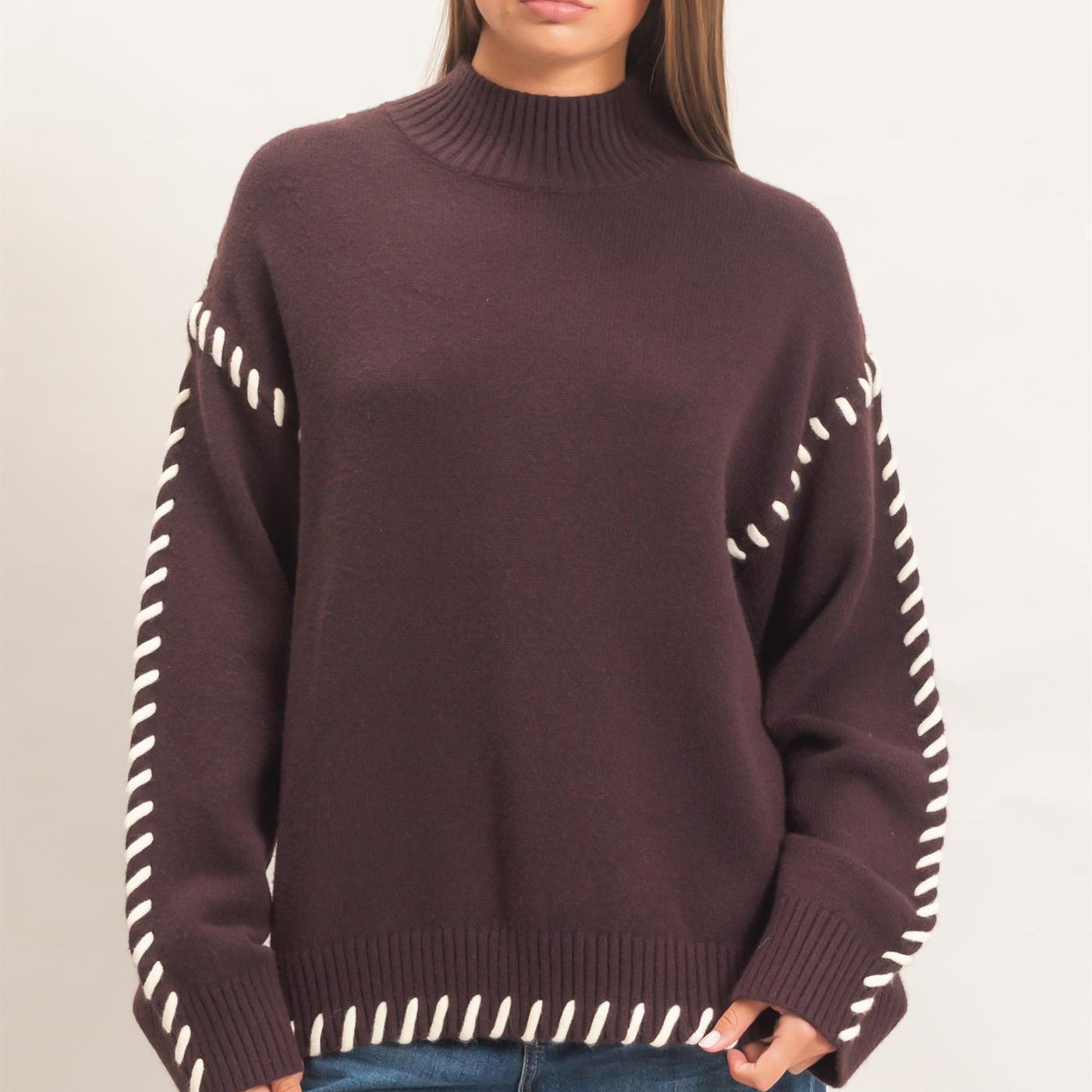Wholesale Blanket Stitch High Neck Sweater Sweaters DZ27A190 DARK BROWN DOUBLE ZERO
