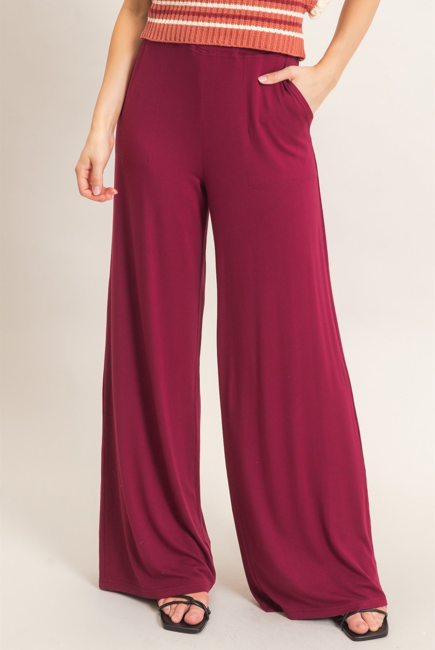 Wholesale Wide-Leg Elastic Waist Pants Pants HF26F299-D BURGUNDY HYFVE