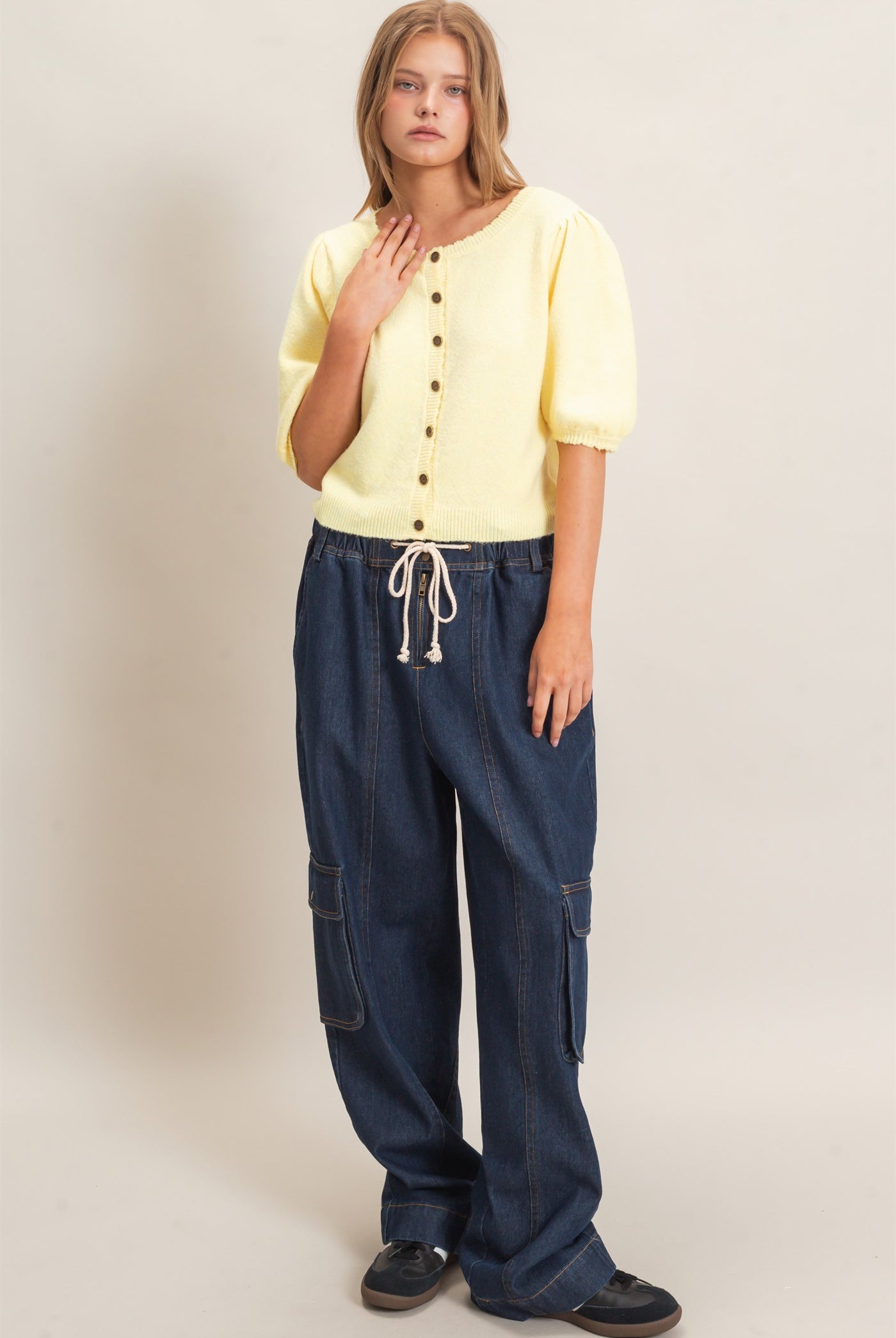 Wholesale Button-Up Puff Sleeve Sweater Cardigan Cardigans HF26E165 PALE YELLOW HYFVE