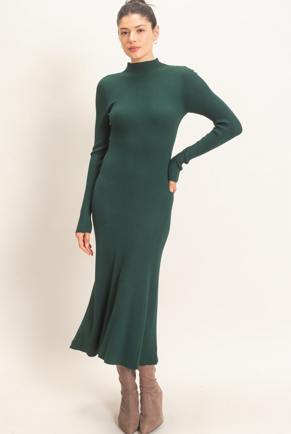 Wholesale Ribbed Mock Neck Long Sleeve Midi Dress Dresses HF26F156-D H.GREEN HYFVE