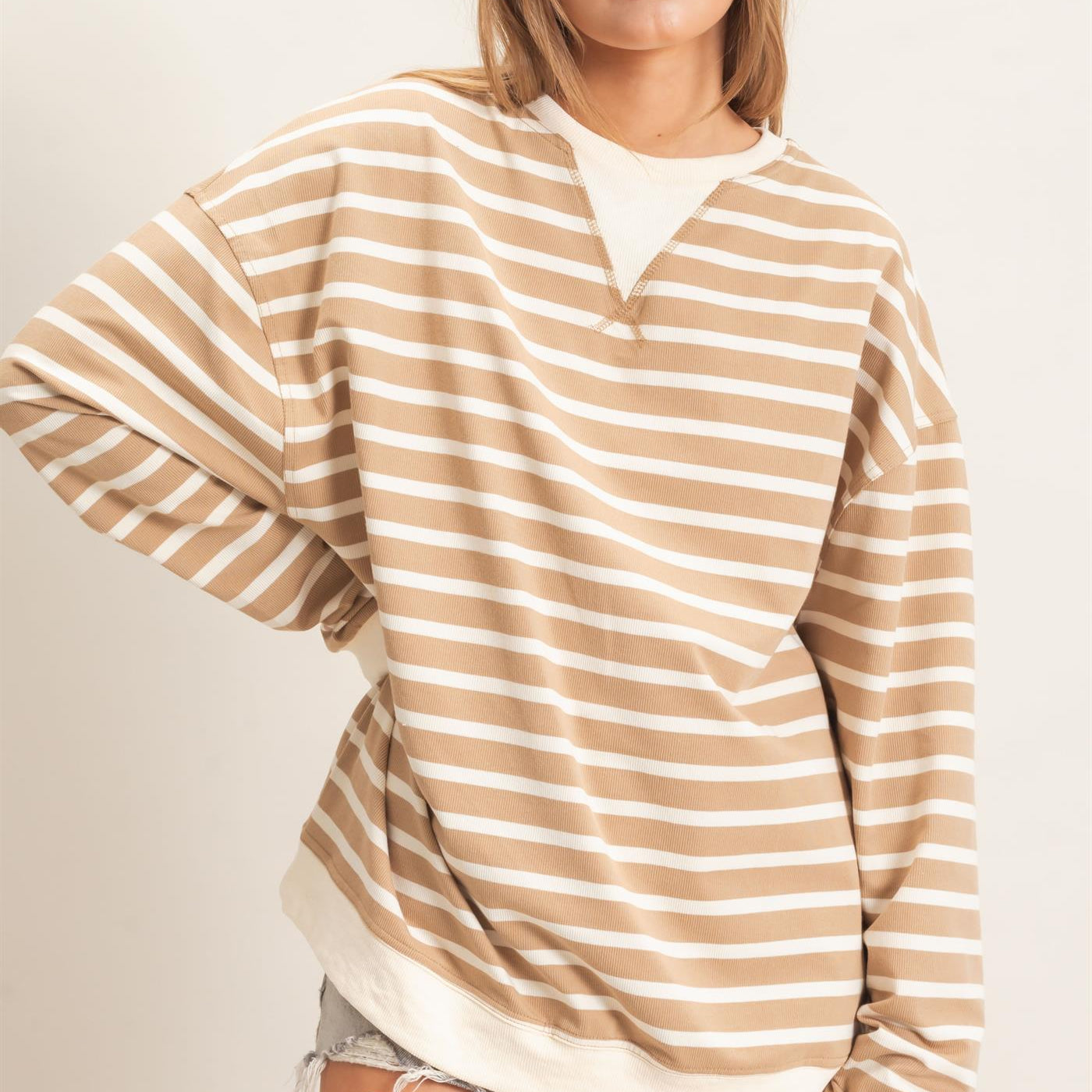 Wholesale Striped Long Sleeve Pullover Sweatshirts HF26F077 TAUPE/CREAM HYFVE