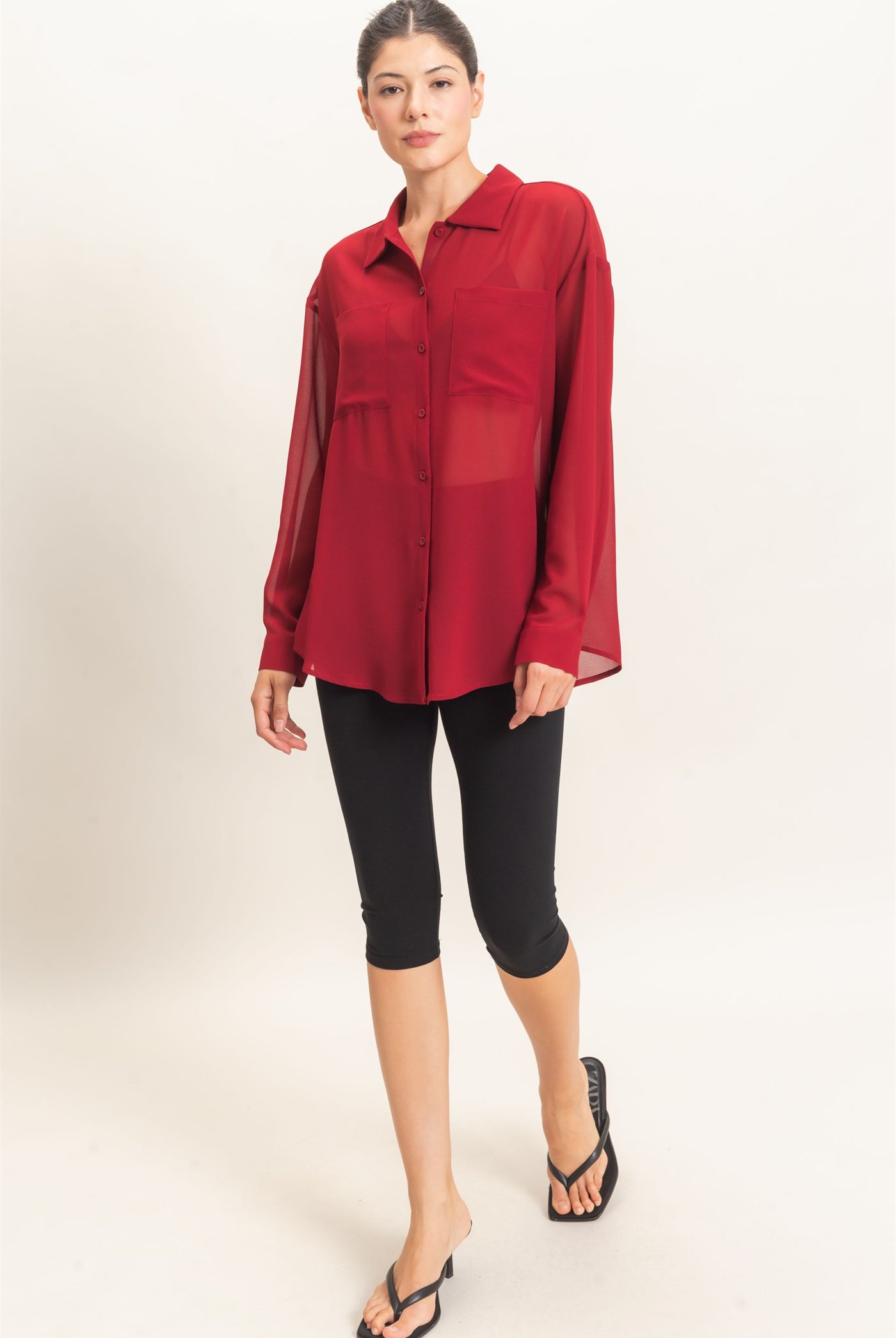 Wholesale Button-Down Collar Blouse Shirts HF26F067 BURGUNDY HYFVE