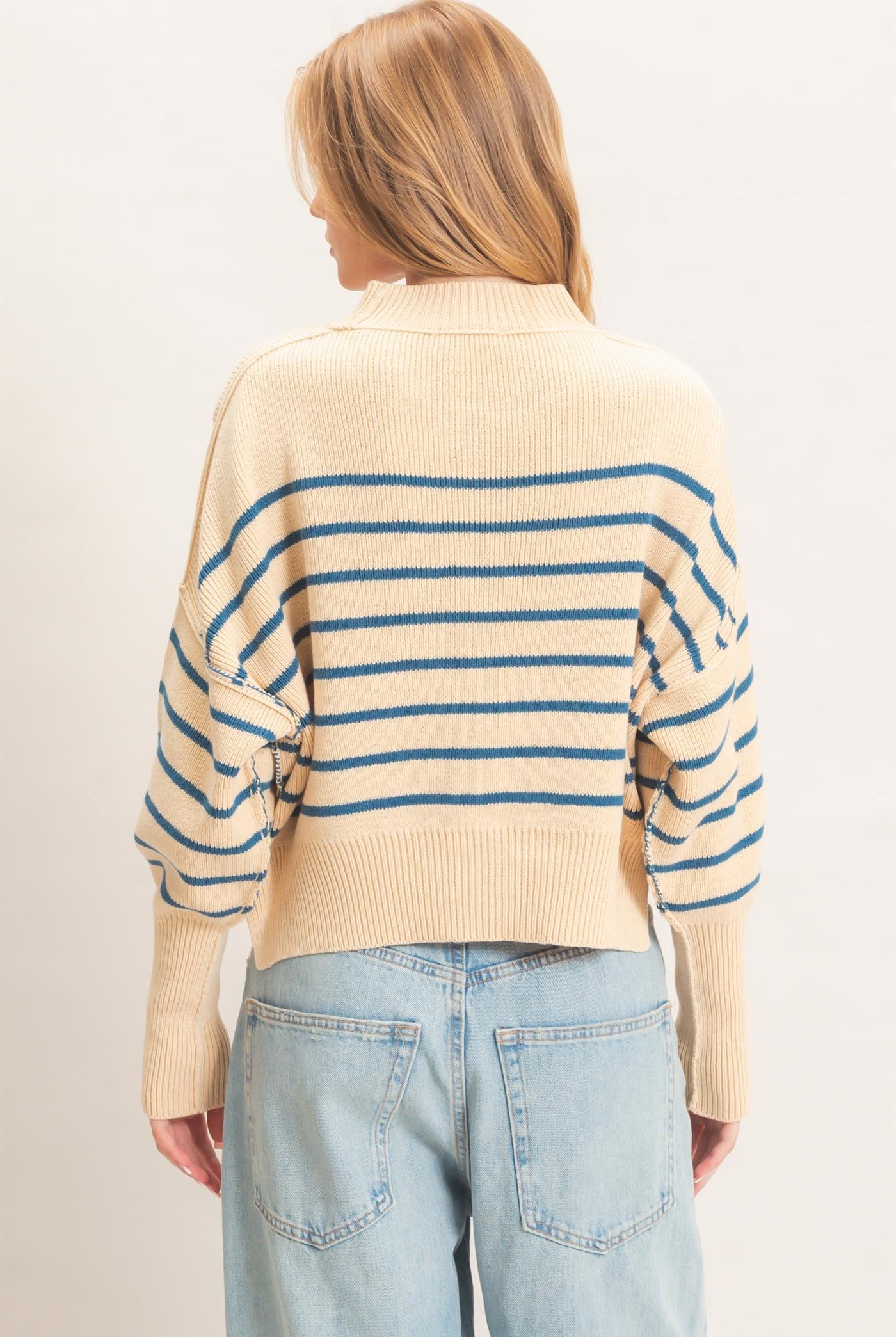 Wholesale Striped Mock Neck Cropped Sweater Sweaters HF26F192 BLUE HYFVE