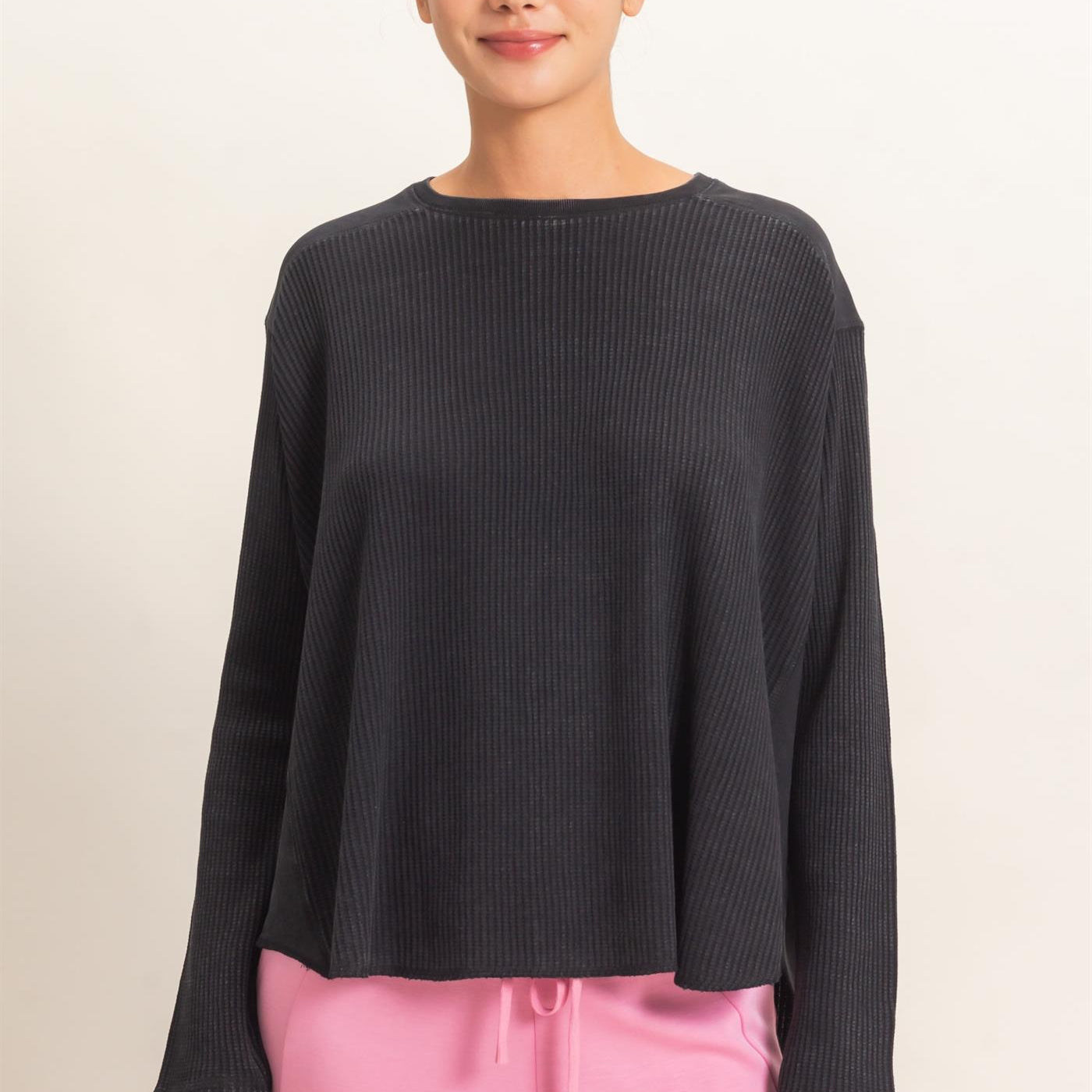 Wholesale Oversized Mineral Washed Waffle Knit Top Clothing Tops DZ26E654 BLACK DOUBLE ZERO