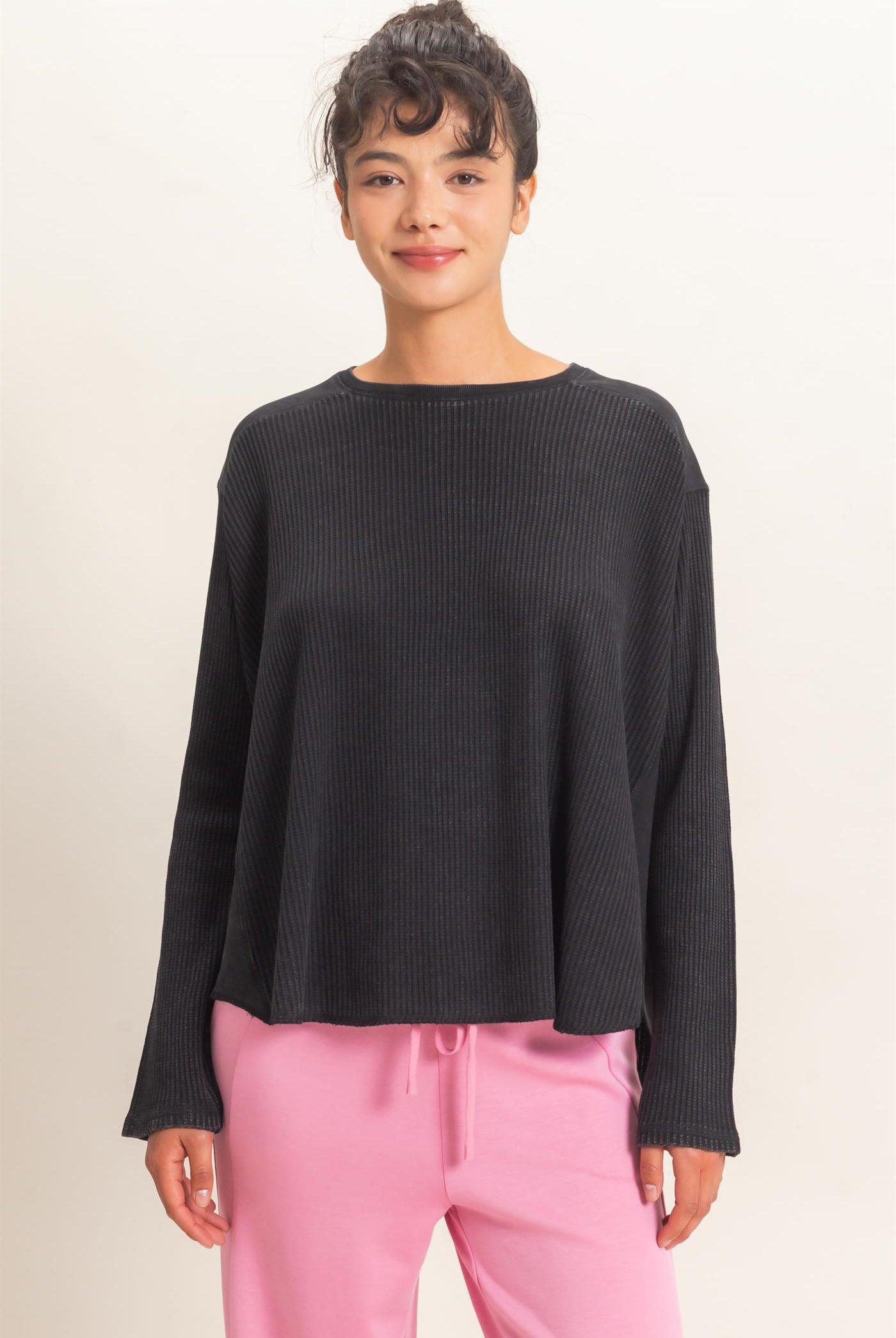 Wholesale Oversized Mineral Washed Waffle Knit Top Clothing Tops DZ26E654 BLACK DOUBLE ZERO