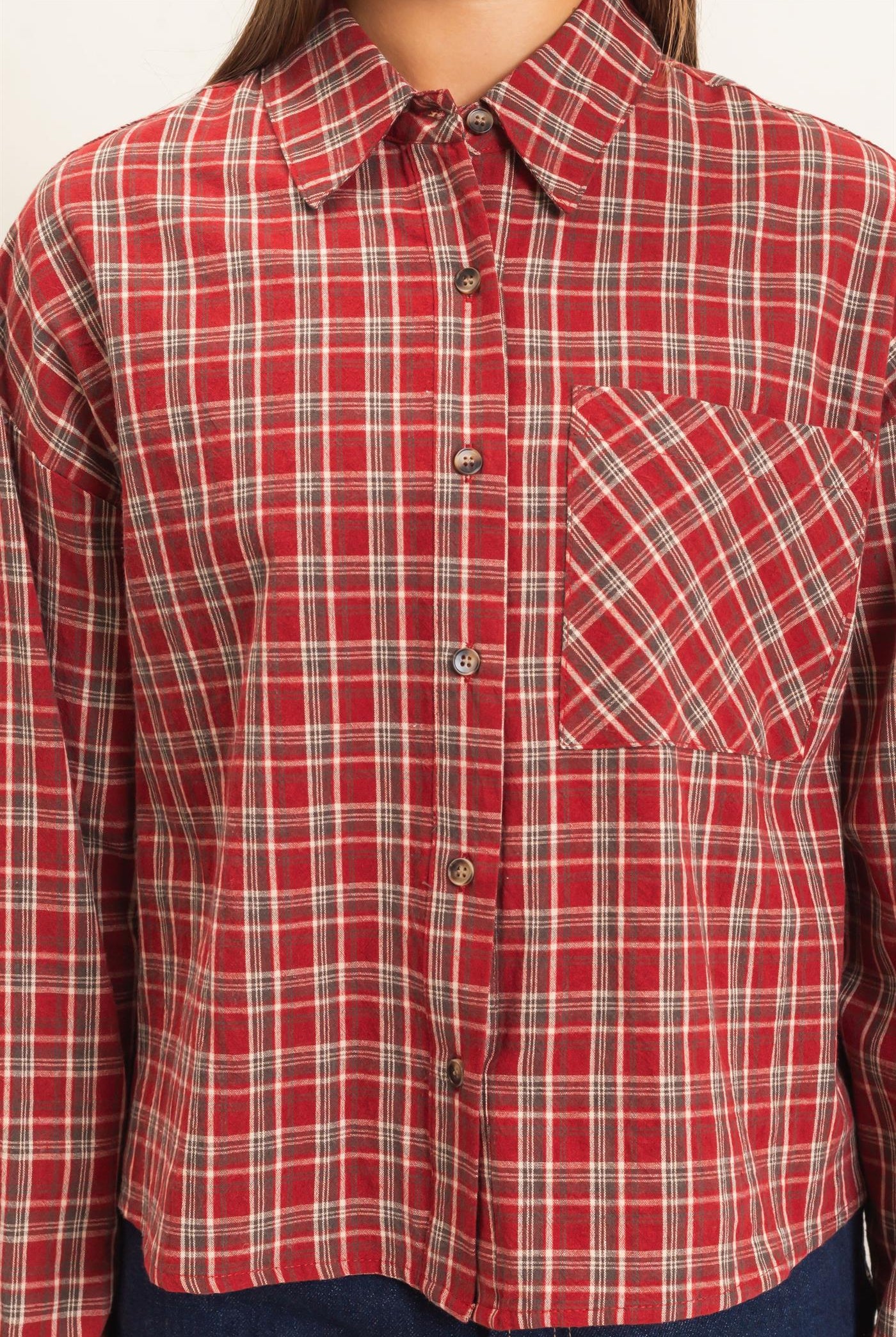 Wholesale Plaid Button-Up Shirt Clothing Tops DZ26E395 DARK RED DOUBLE ZERO